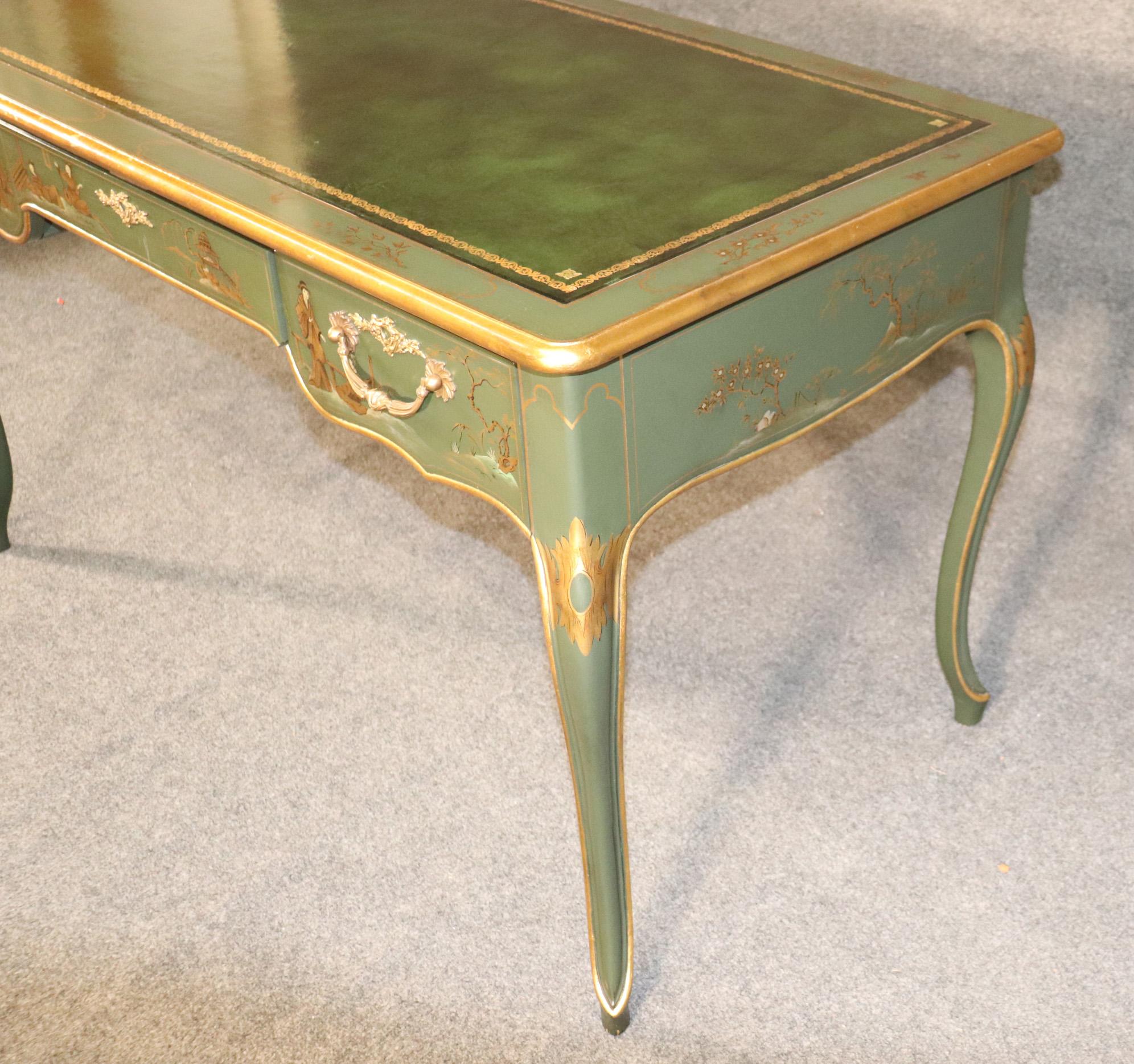 American Baker Green and Dark Green Leather Top Chinoiserie French Louis XV Writing Desk