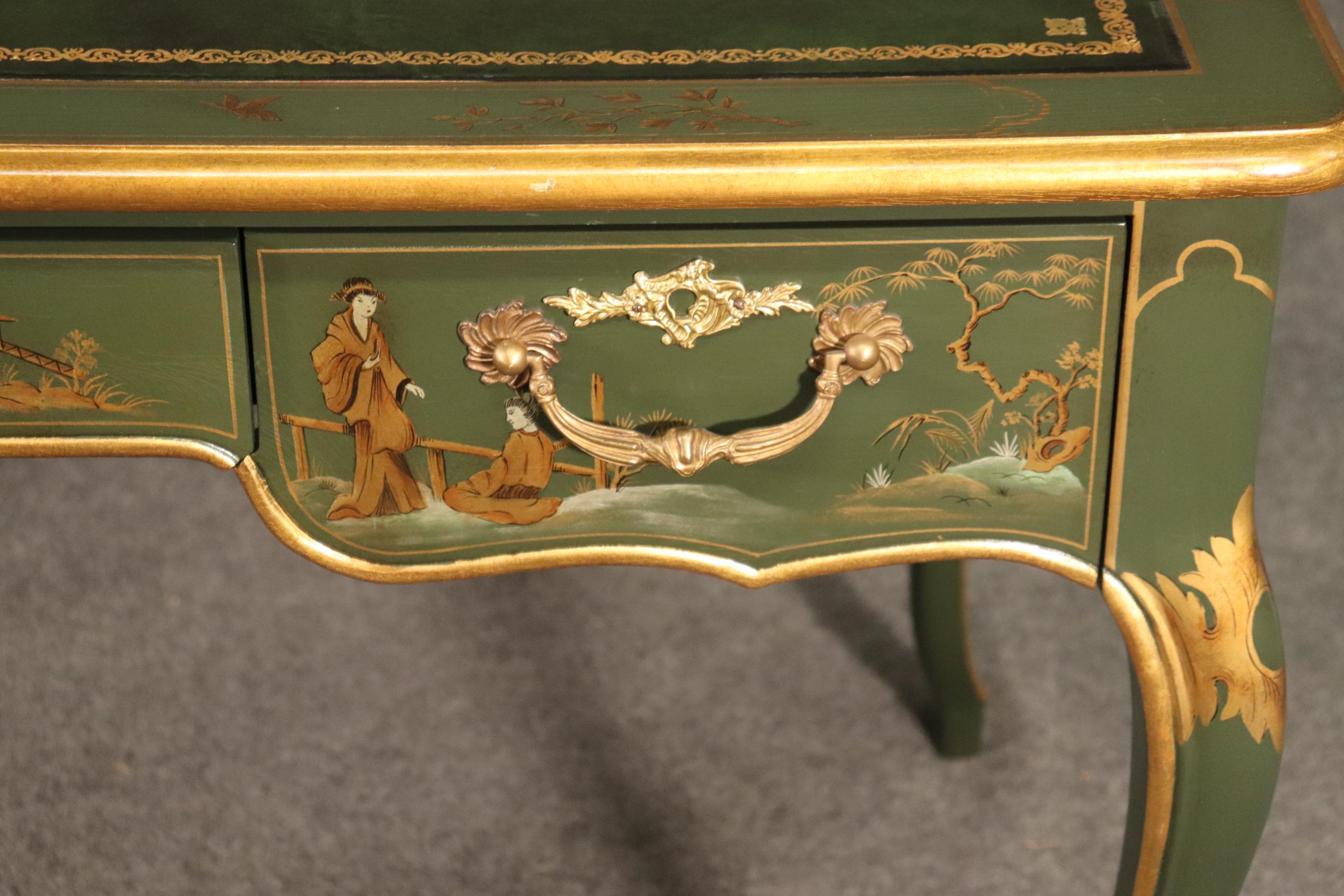 Baker Green and Dark Green Leather Top Chinoiserie French Louis XV Writing Desk In Good Condition In Swedesboro, NJ