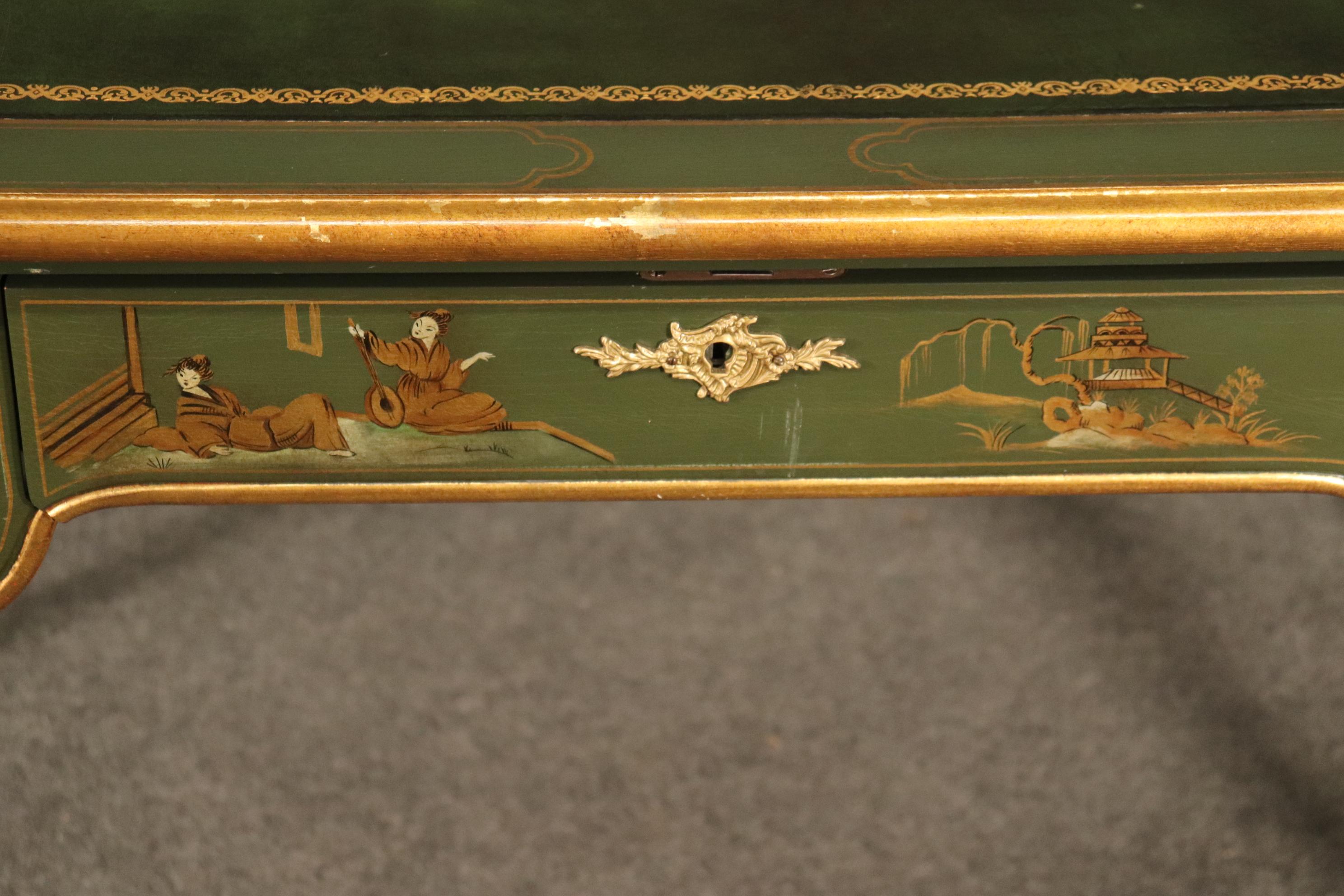 Mid-20th Century Baker Green and Dark Green Leather Top Chinoiserie French Louis XV Writing Desk