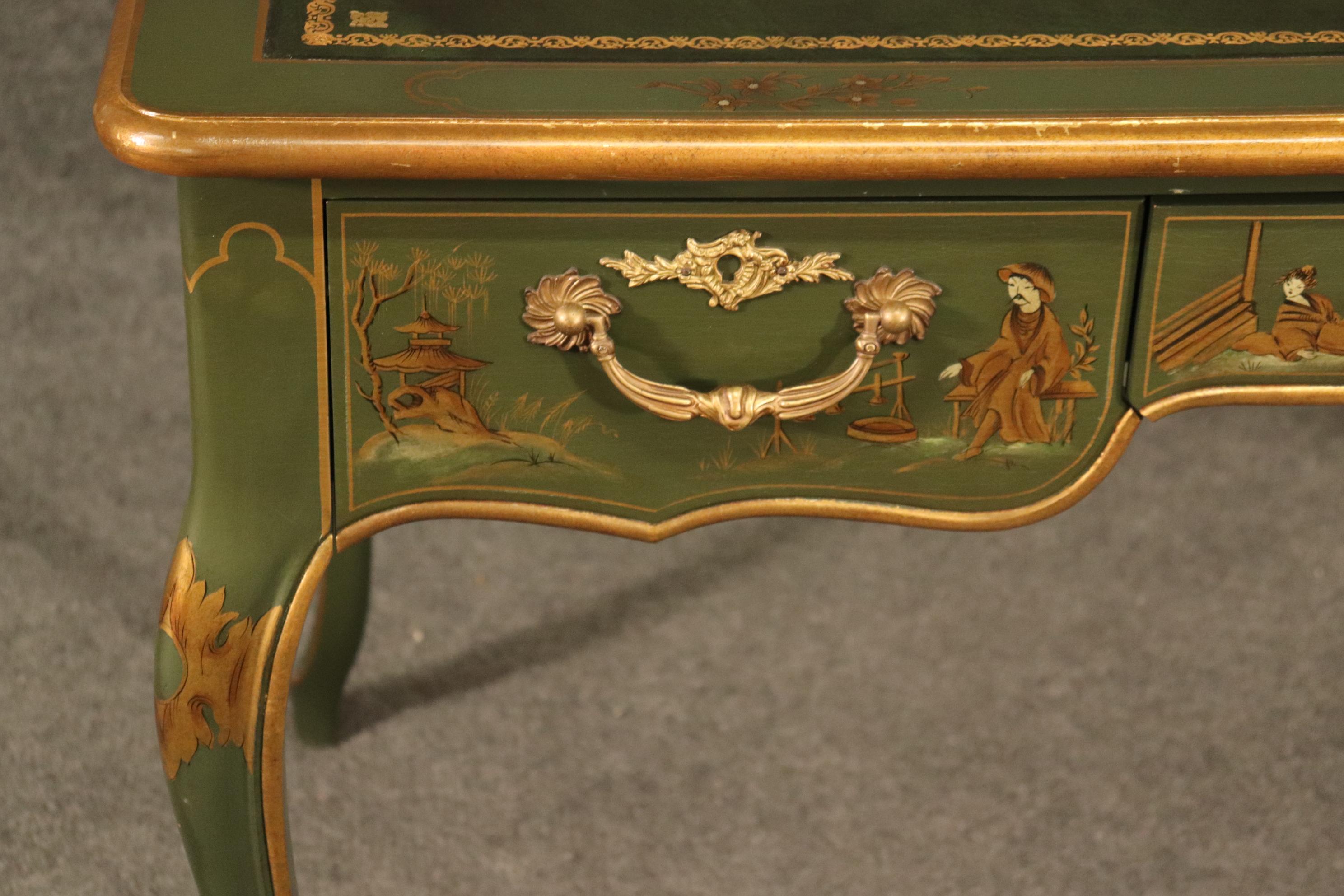 Walnut Baker Green and Dark Green Leather Top Chinoiserie French Louis XV Writing Desk