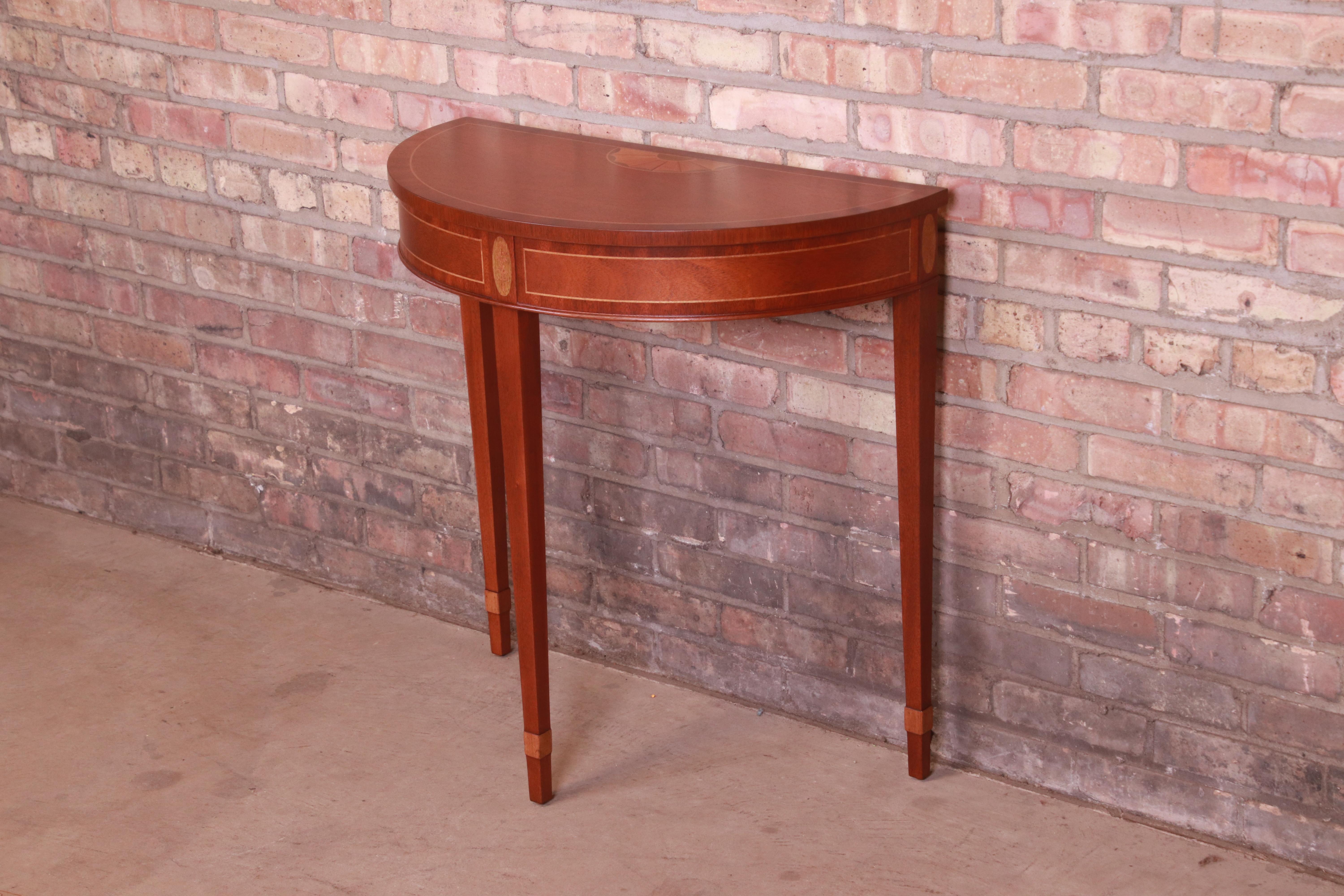 Baker Hepplewhite Style Mahogany Demilune Console or Entry Table, Refinished In Good Condition In South Bend, IN