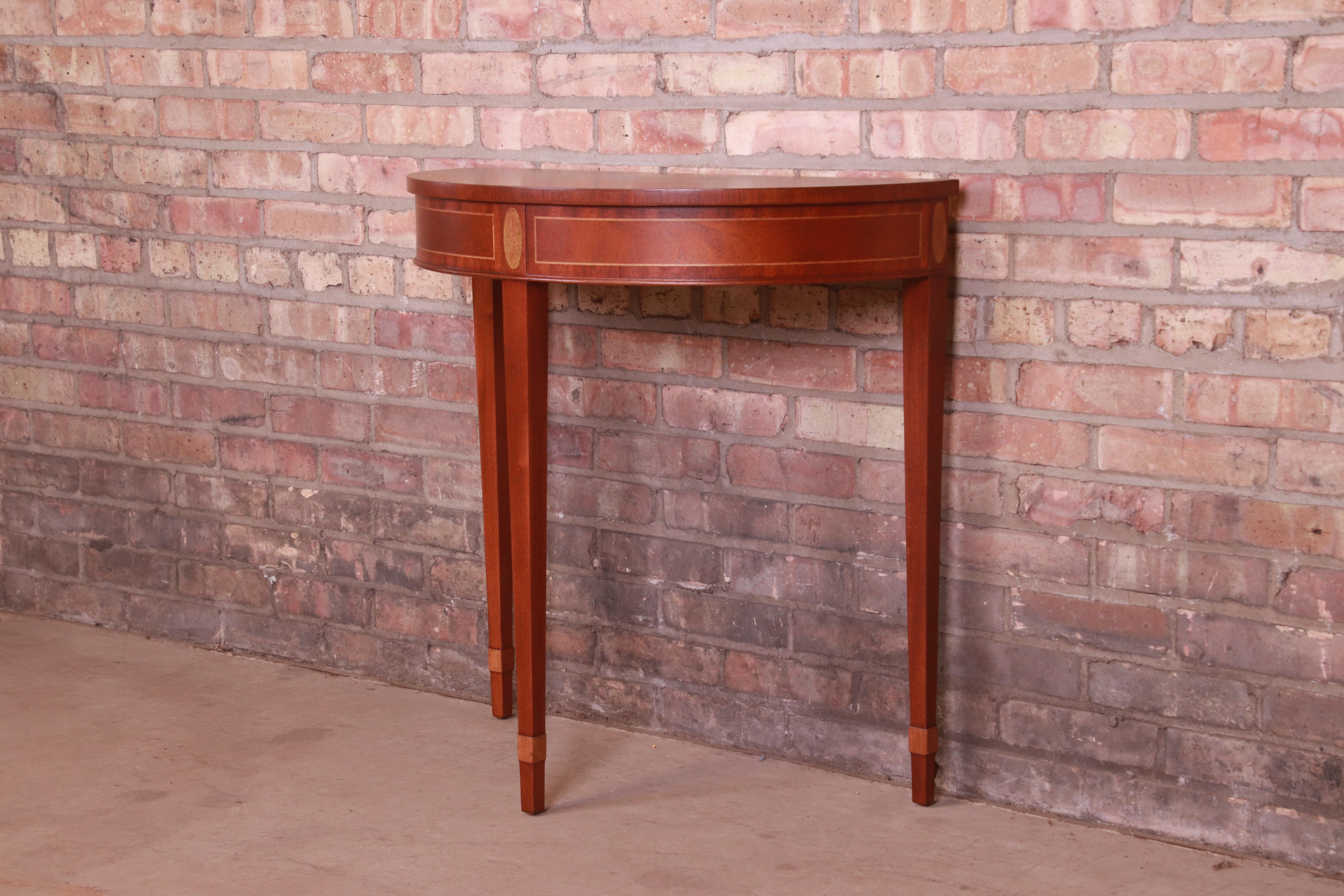 20th Century Baker Hepplewhite Style Mahogany Demilune Console or Entry Table, Refinished