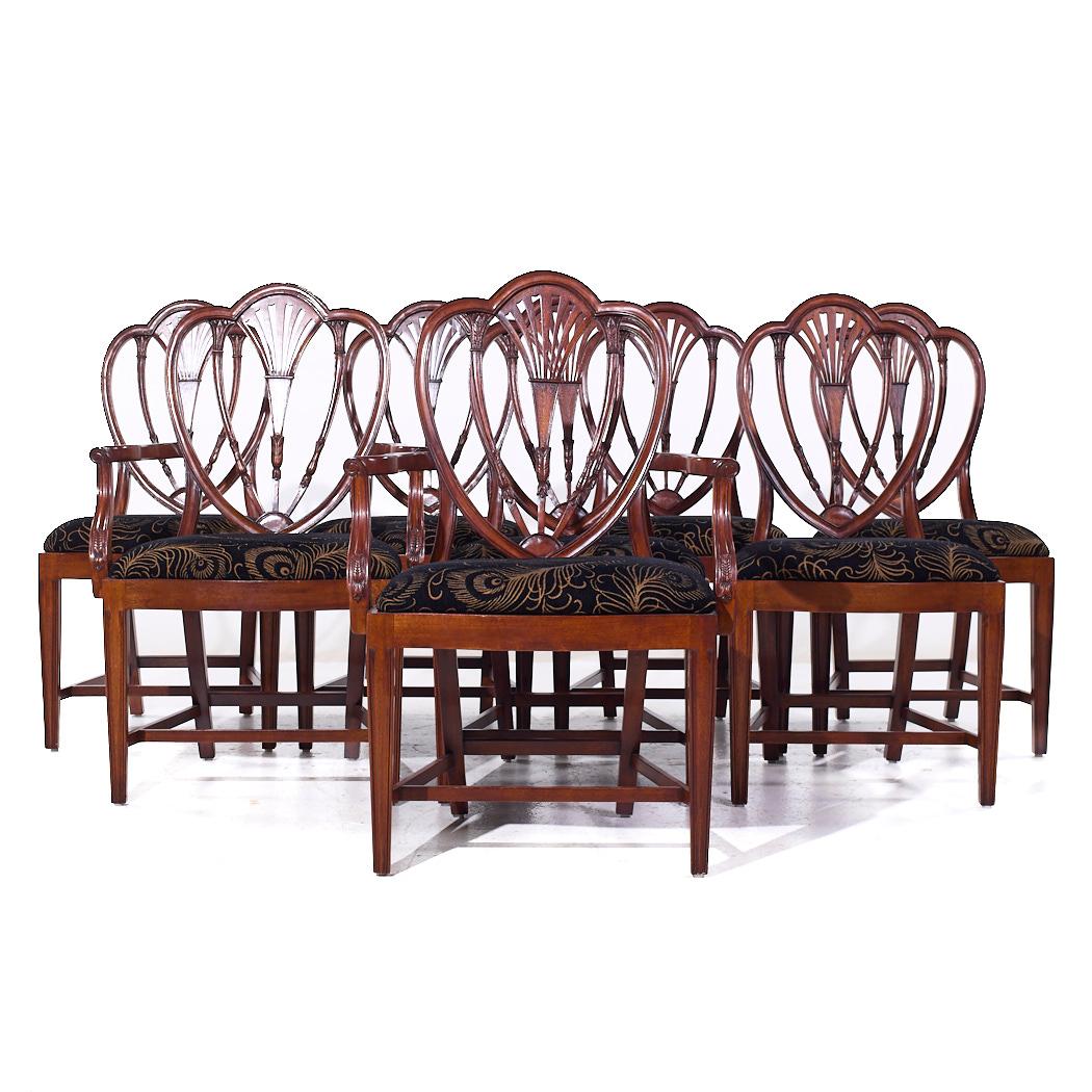 Baker Historic Charleston Collection Mahogany Shield Back Dining Chairs - Set of 8

Each armless chair measures: 21.25 wide x 21 deep x 40 high, with a seat height of 20 inches
Each captains chair measures: 27 wide x 21 deep x 41 high, with a seat