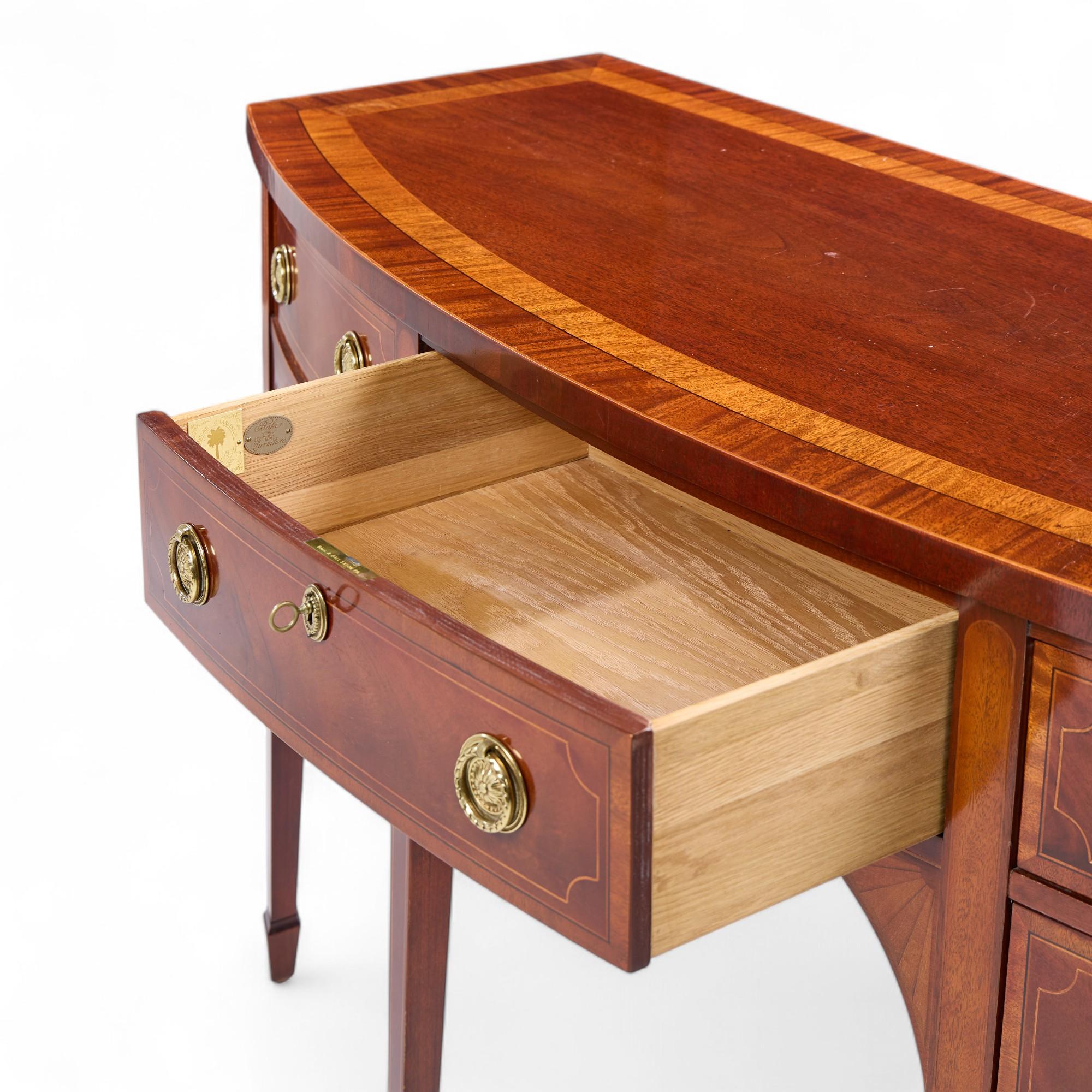 20th Century Baker Historic Charleston Inlay Mahogany Bow Front Sideboard Credenza For Sale