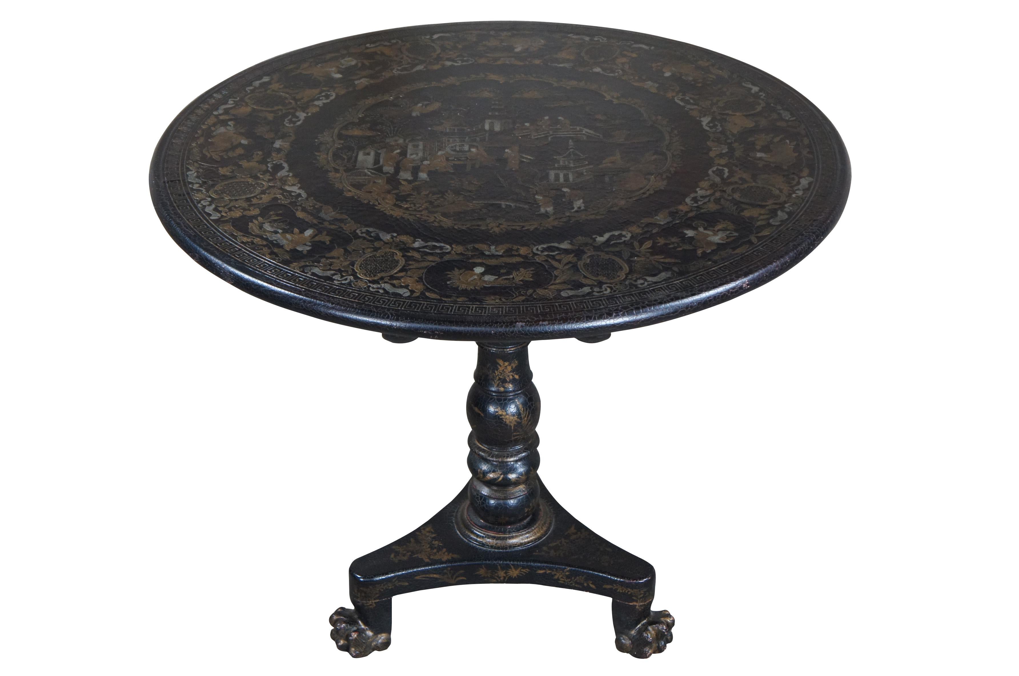 Regency Baker Historic Charleston Japanned Leather Round Tilt Top Tea Table Chinoiserie