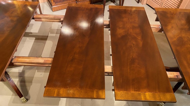 Carved Baker Historic Charleston Mahogany Banded 3-Leaf Double Pedestal Dining Table 