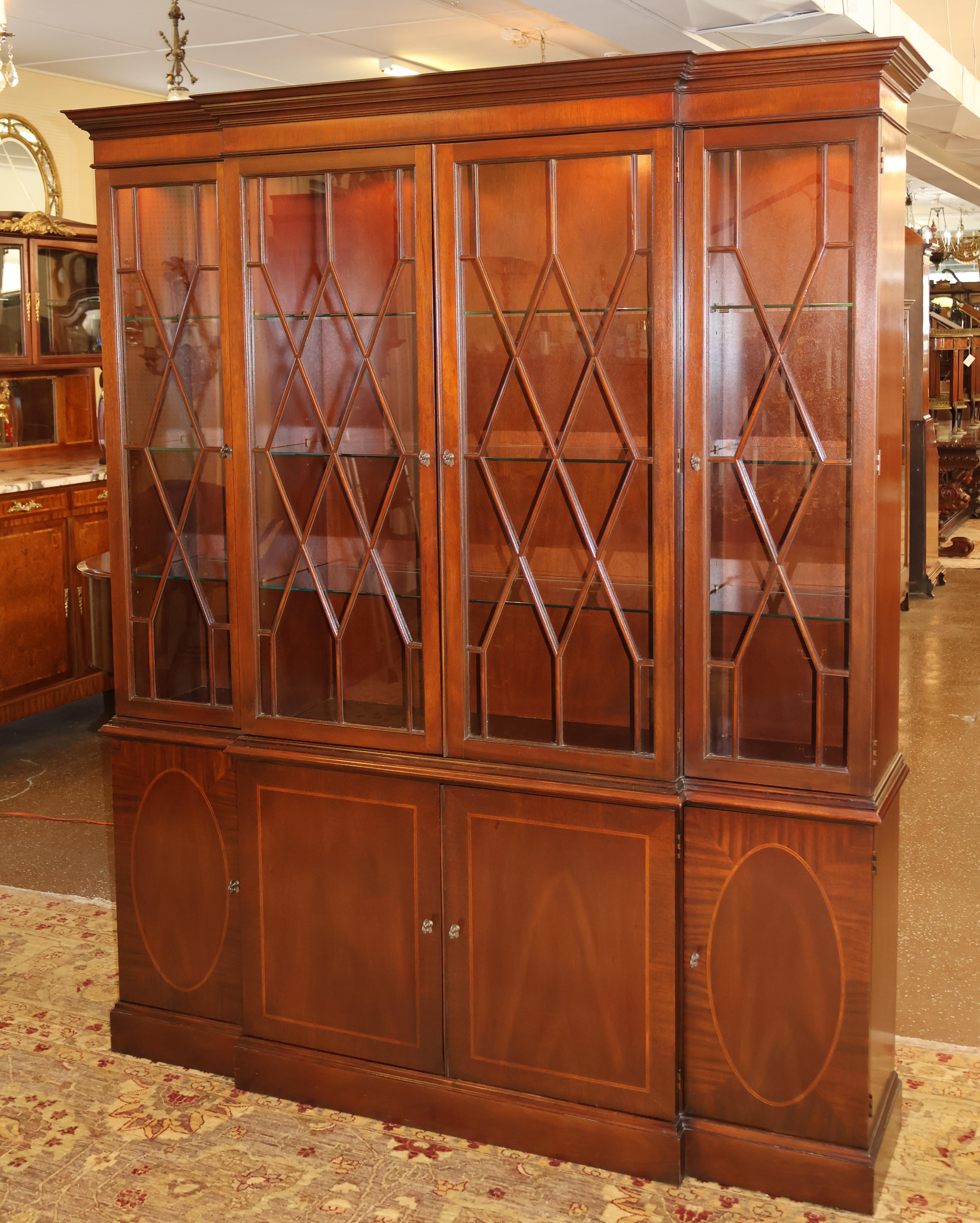 Regency Baker Historic Charleston Mahogany Bookcase China Cabinet Breakfront For Sale