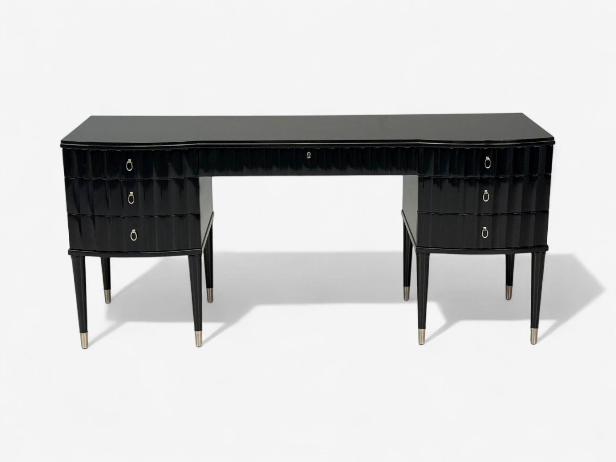 American Baker, Hollywood Regency, Black Lacquer, Chrome, Writing Desk, USA, 21st C. For Sale