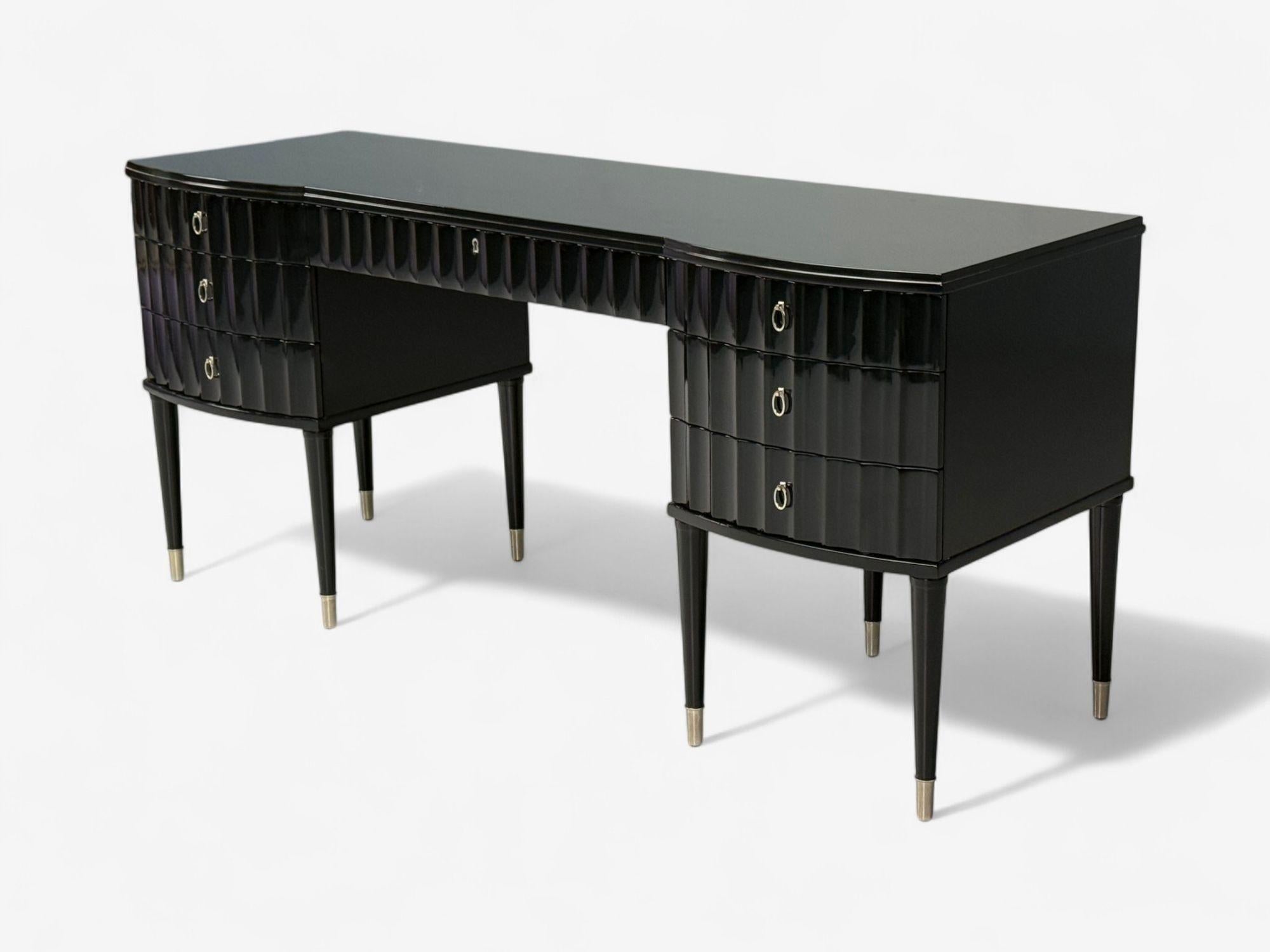 Baker, Hollywood Regency, Black Lacquer, Chrome, Writing Desk, USA, 21st C. In Good Condition For Sale In Manhasset, NY