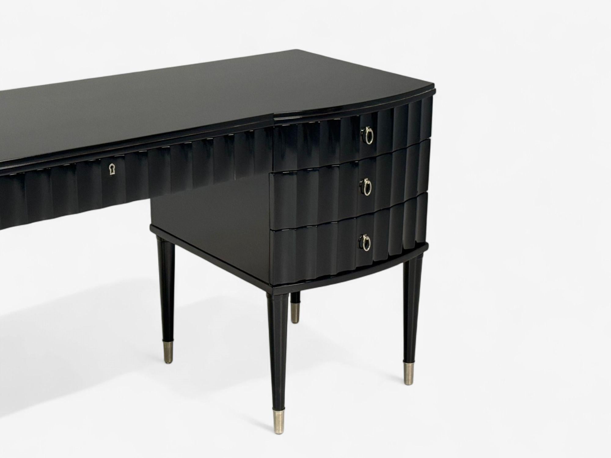 Contemporary Baker, Hollywood Regency, Black Lacquer, Chrome, Writing Desk, USA, 21st C. For Sale