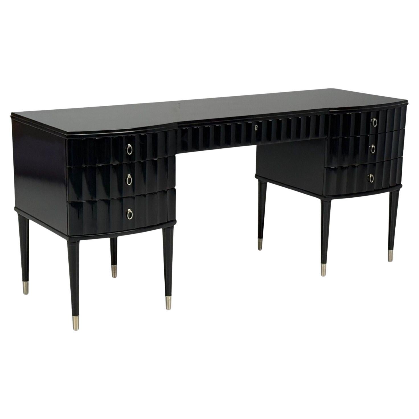 Baker, Hollywood Regency, Black Lacquer, Chrome, Writing Desk, USA, 21st C. For Sale