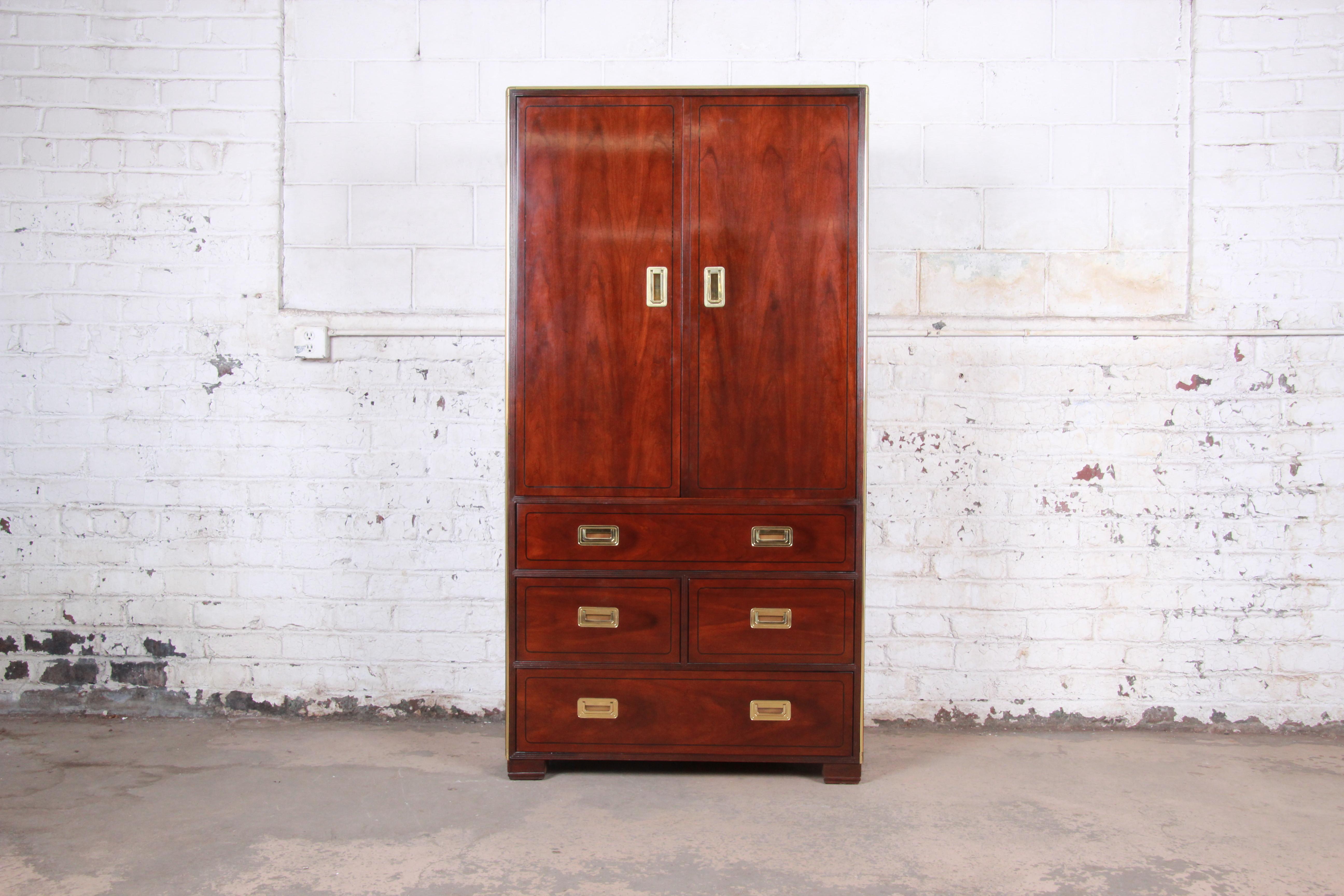 Late 20th Century Baker Hollywood Regency Campaign Style Cherry and Brass Armoire Dressers, Pair