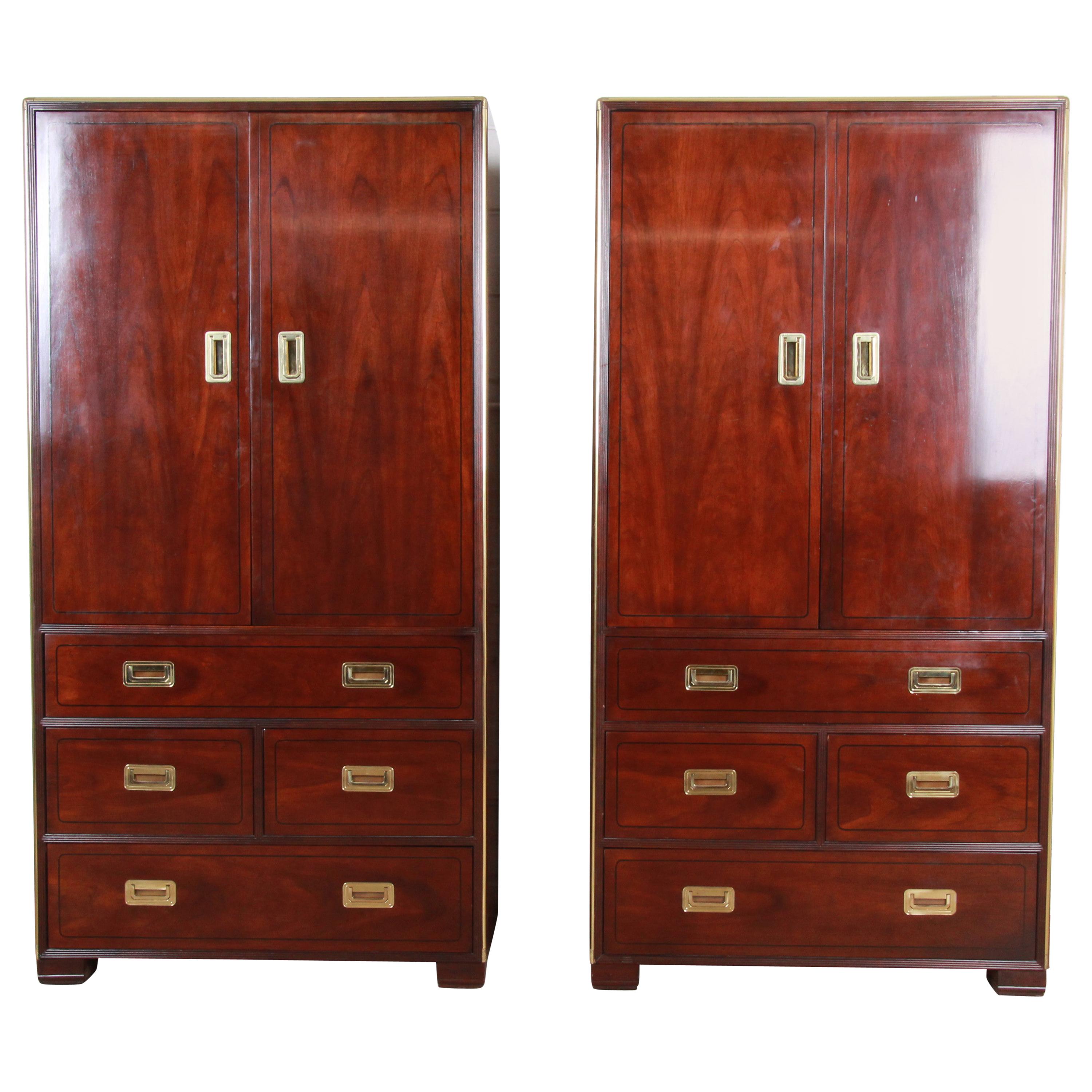 Baker Hollywood Regency Campaign Style Cherry and Brass Armoire Dressers, Pair