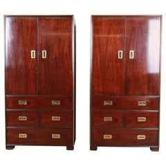 Vintage Baker Hollywood Regency Campaign Style Cherry and Brass Armoire Dressers, Pair