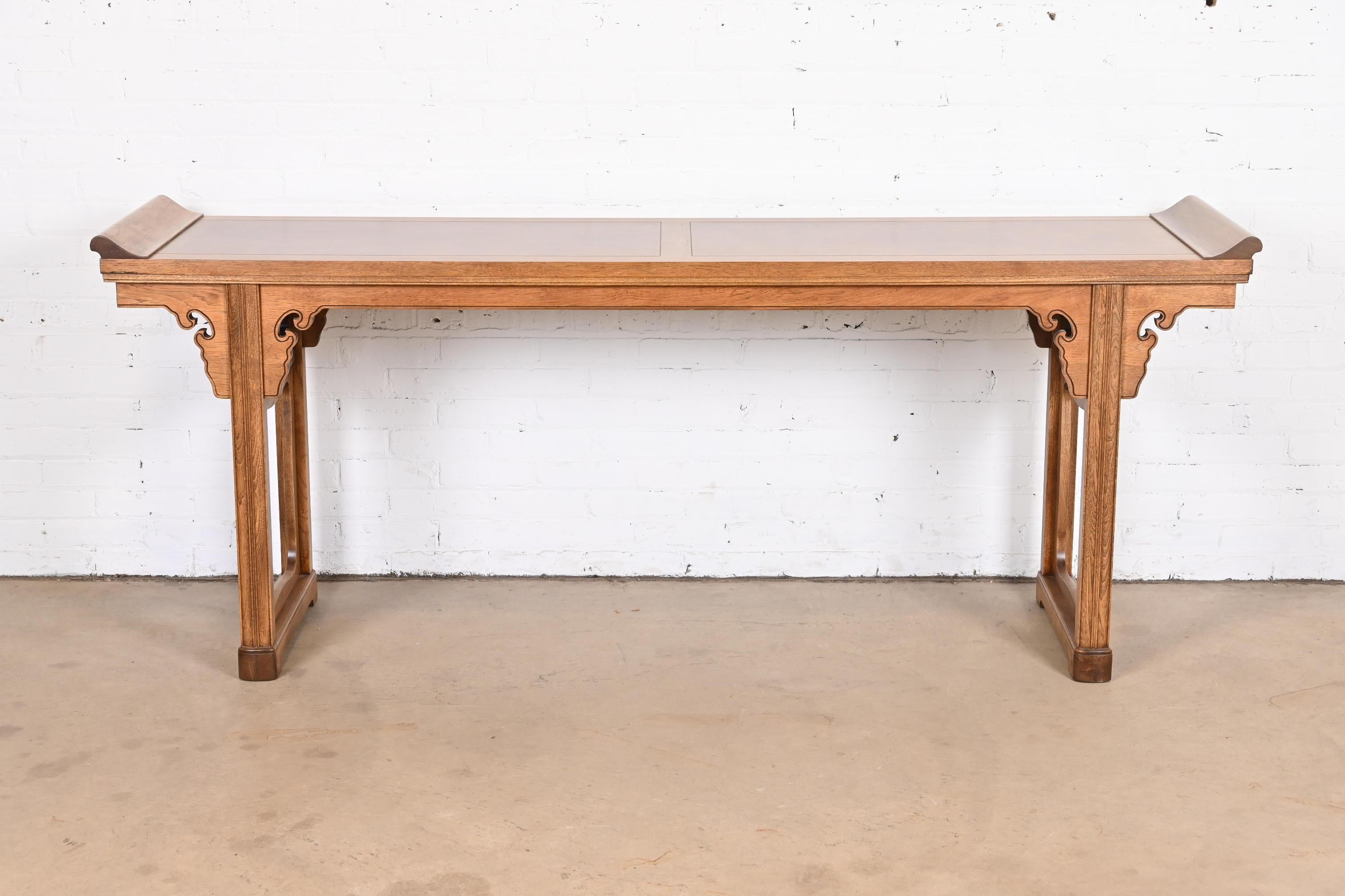 Mid-20th Century Baker Hollywood Regency Chinoiserie Burled Walnut Altar Table or Console Table For Sale