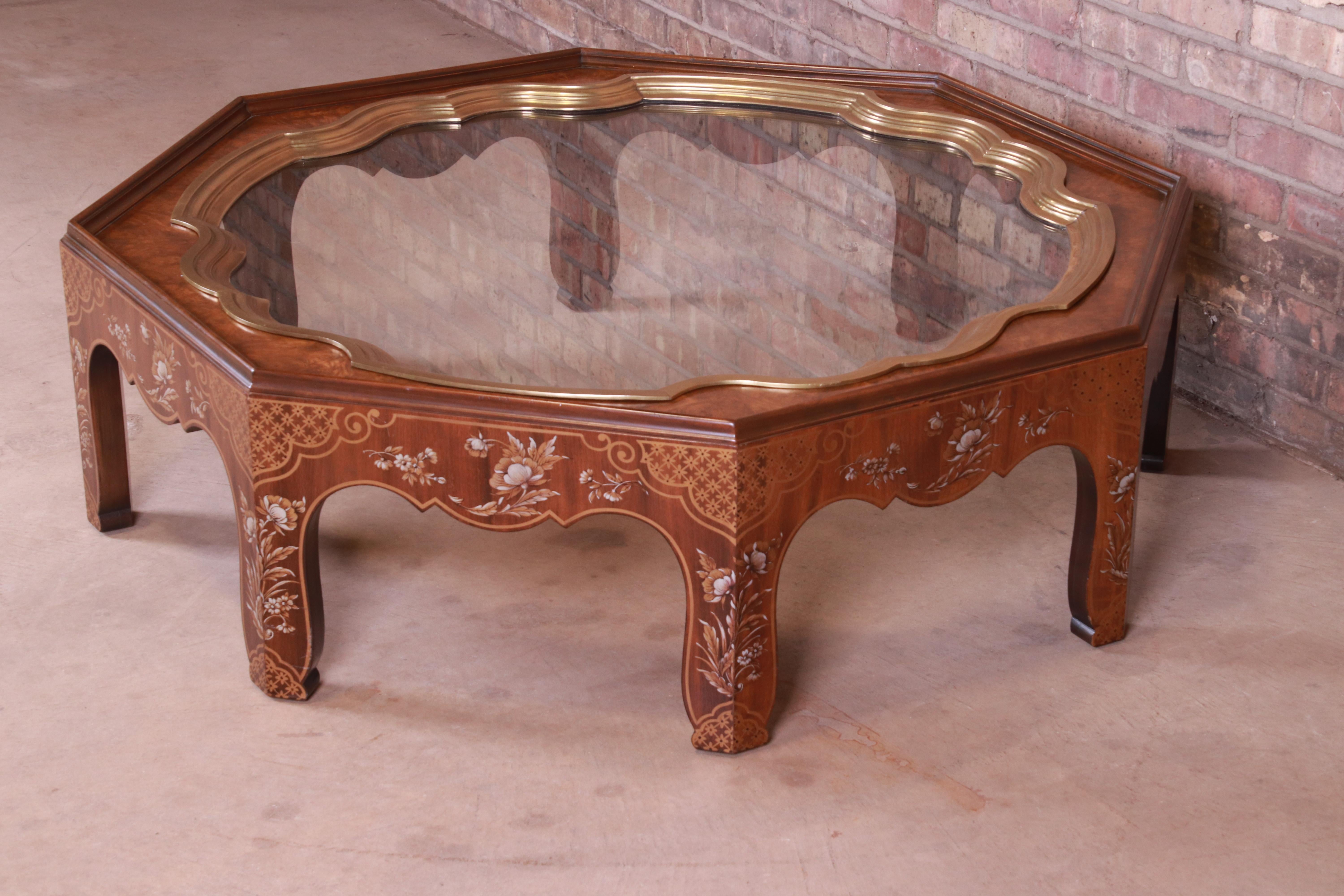 Mid-Century Modern Baker Hollywood Regency Chinoiserie Walnut and Brass Octagonal Cocktail Table For Sale