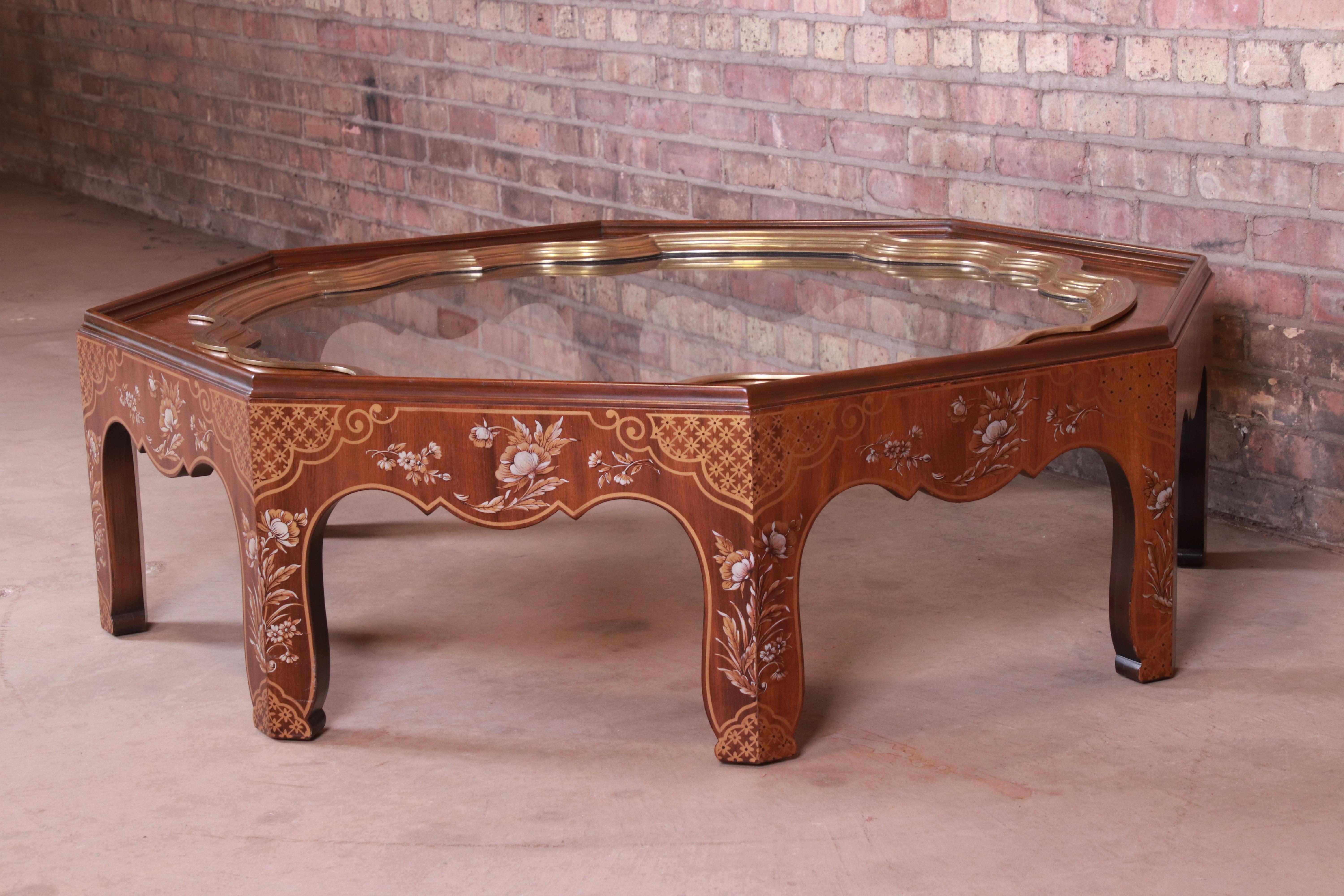 American Baker Hollywood Regency Chinoiserie Walnut and Brass Octagonal Cocktail Table For Sale