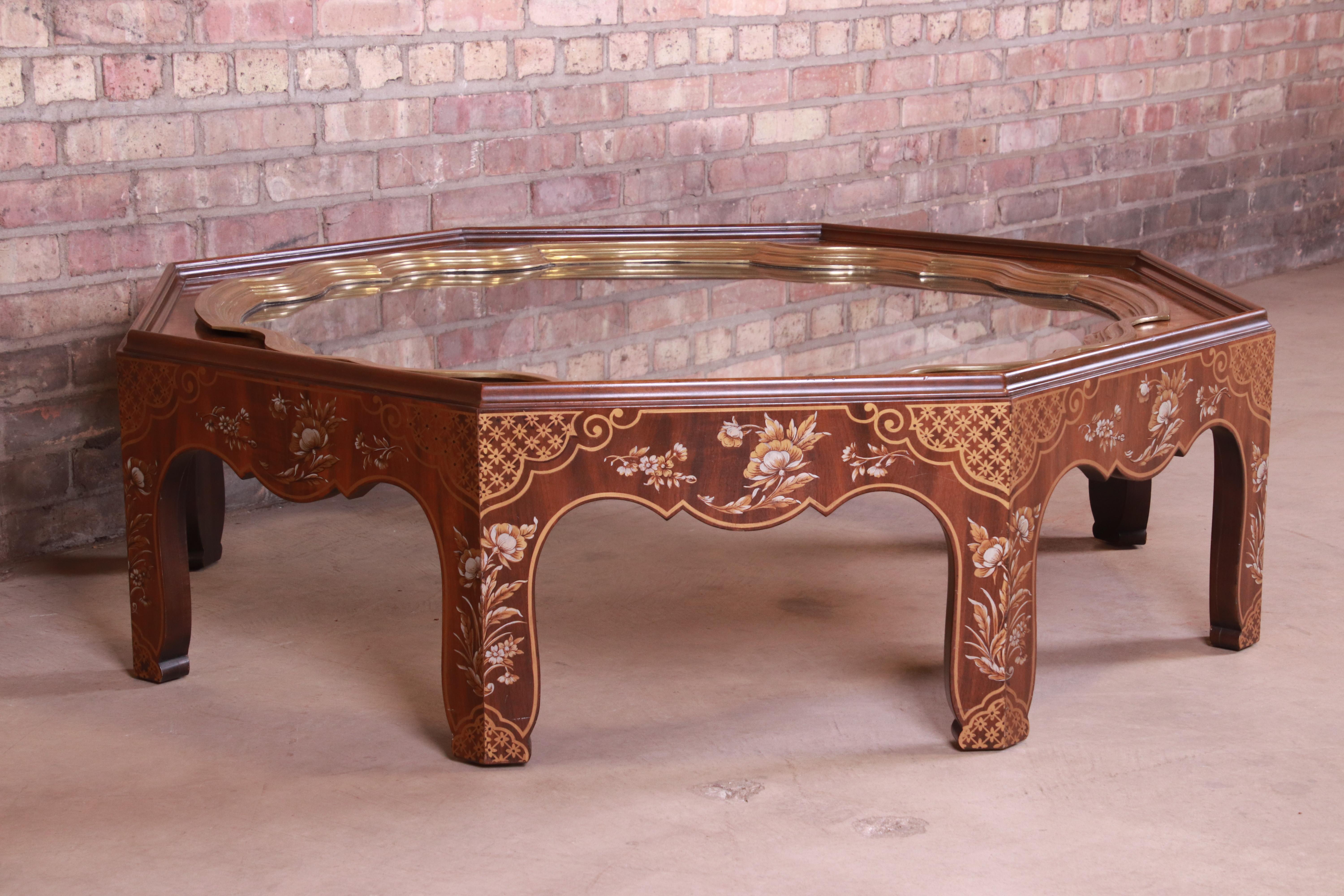 Late 20th Century Baker Hollywood Regency Chinoiserie Walnut and Brass Octagonal Cocktail Table For Sale