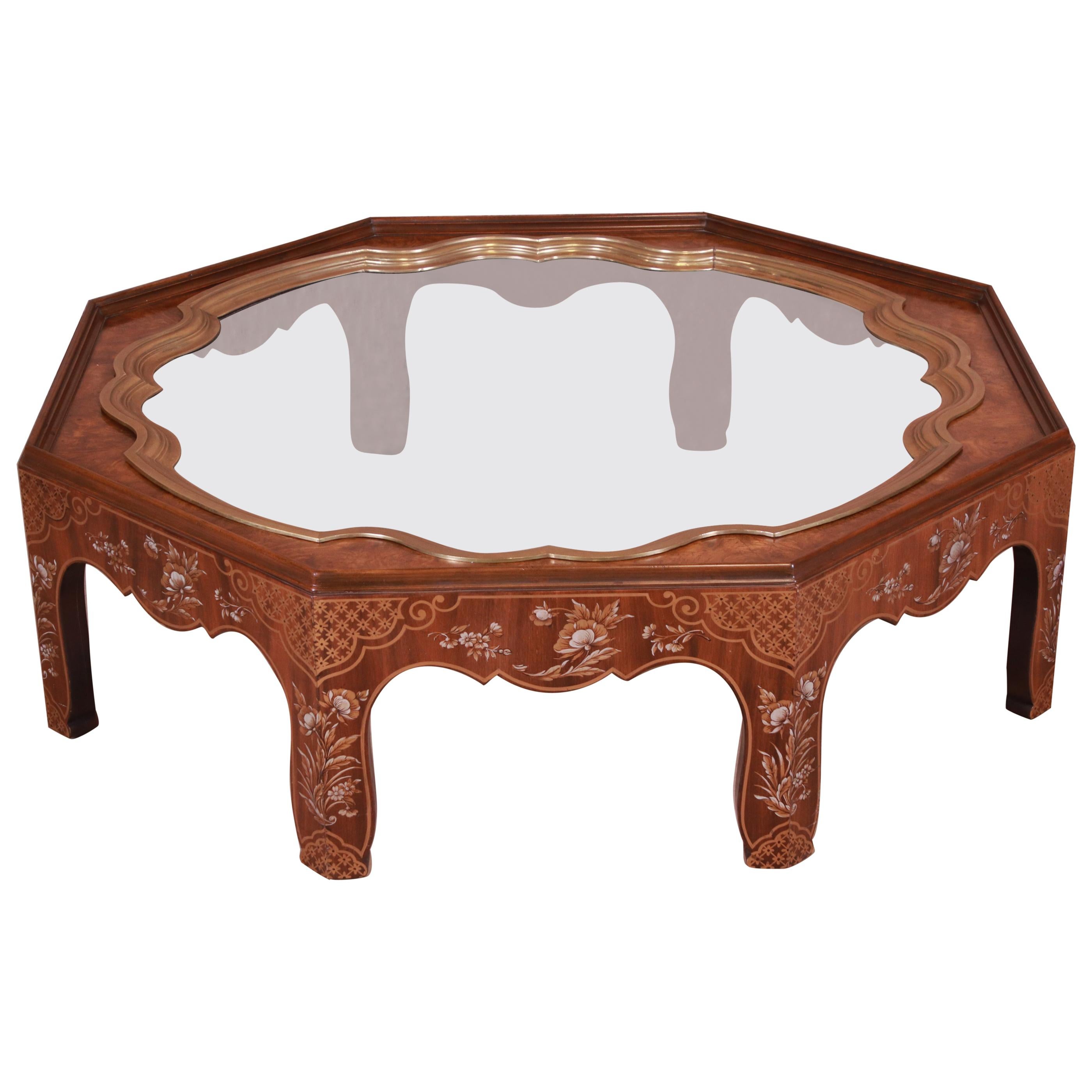 Baker Hollywood Regency Chinoiserie Walnut and Brass Octagonal Cocktail Table