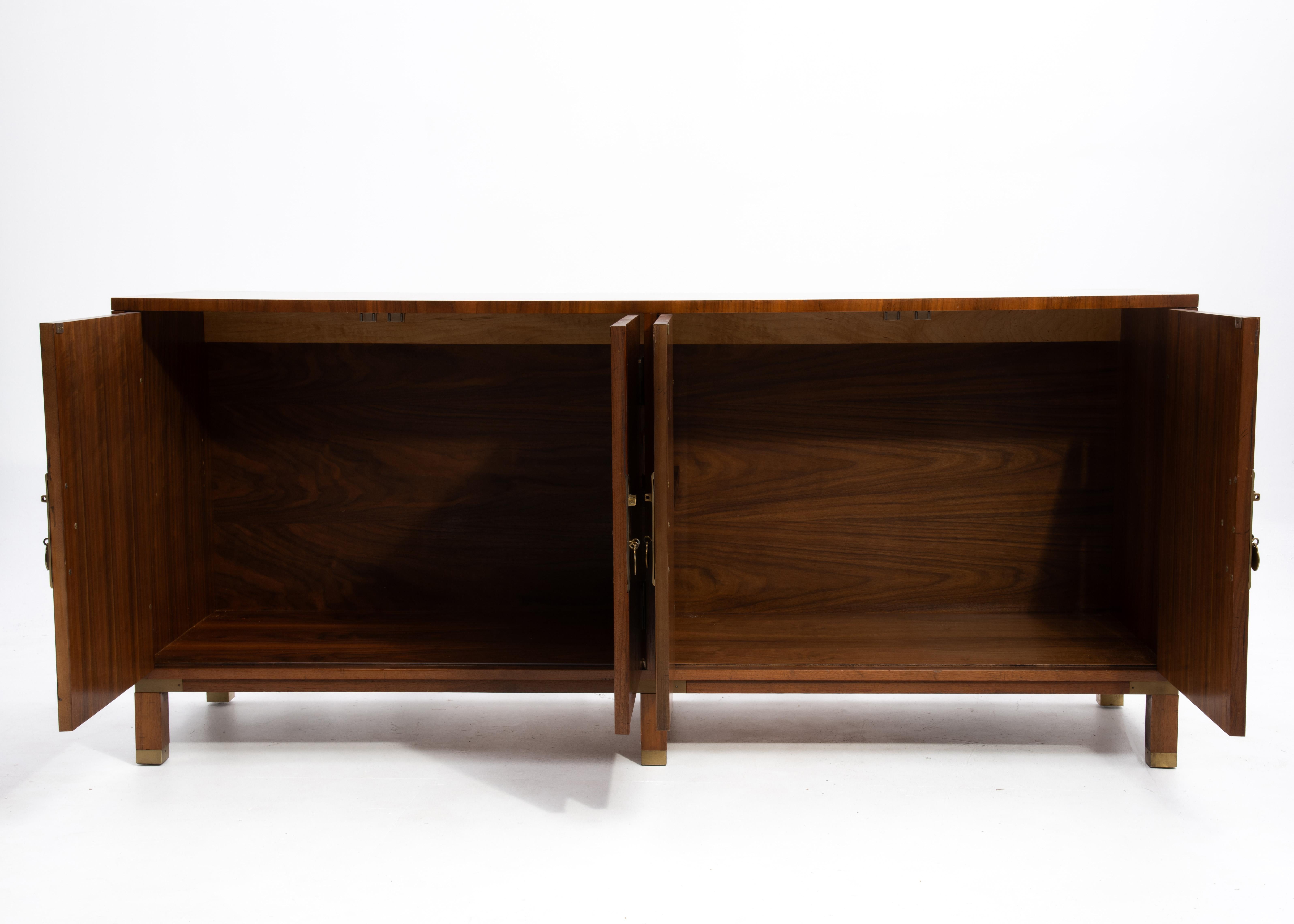 American Baker Inlaid Banded Chinese Chippendale Walnut Brass Sideboard Credenza