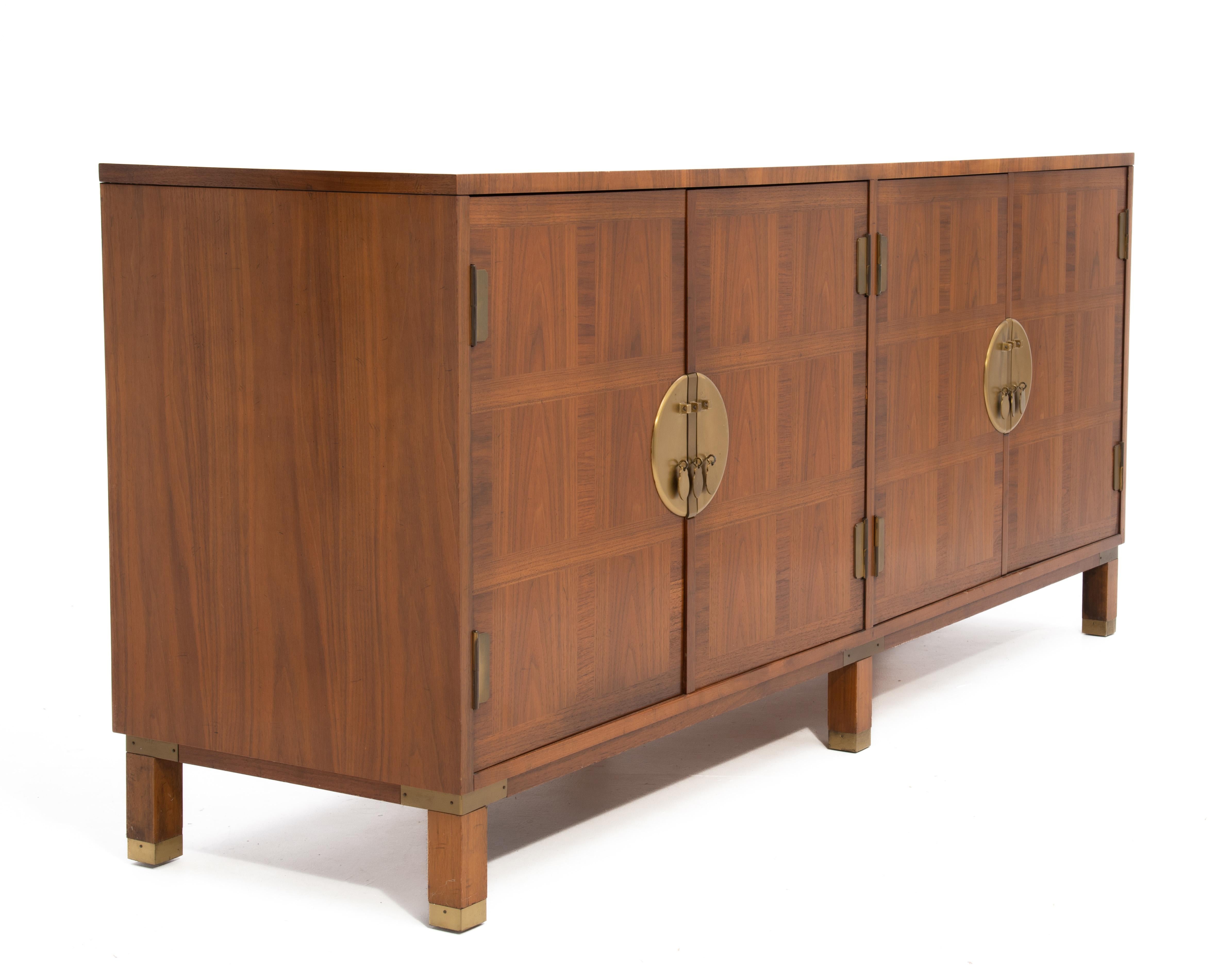 Late 20th Century Baker Inlaid Banded Chinese Chippendale Walnut Brass Sideboard Credenza