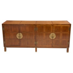 Baker Inlaid Banded Chinese Chippendale Walnut Brass Sideboard Credenza