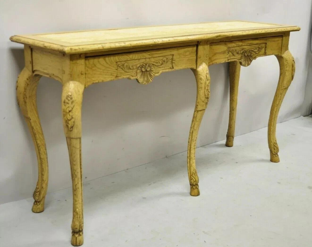 Vintage Baker Italian Regency Provincial Oak 2 Drawer Hoof Foot Console Hall Sofa Table. Item features carved hoof feet, beautiful wood grain, distressed finish, finished back, original label, 2 dovetailed drawers, quality American craftsmanship.