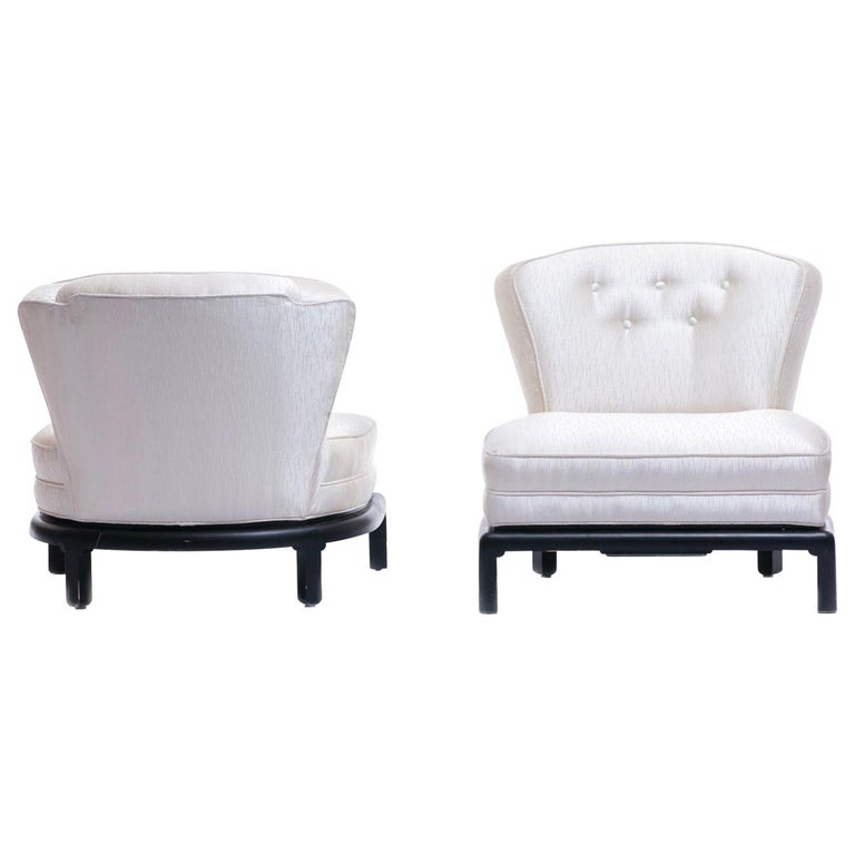 Baker Ivory Satin Slipper Chairs Attributed to Michael Taylor, circa 1950s, Pair For Sale at