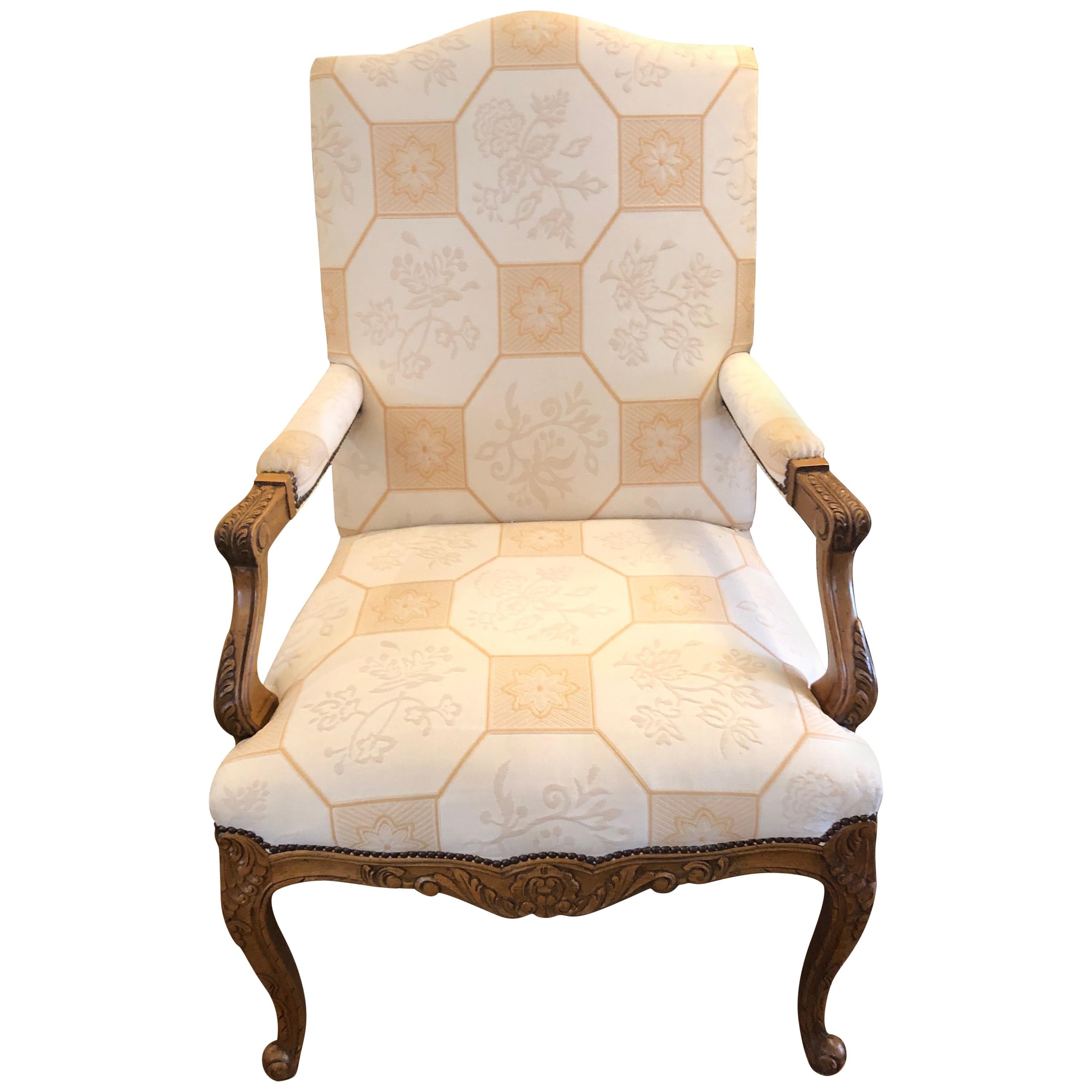 Baker Large Carved Wood and Upholstered French Style Armchair