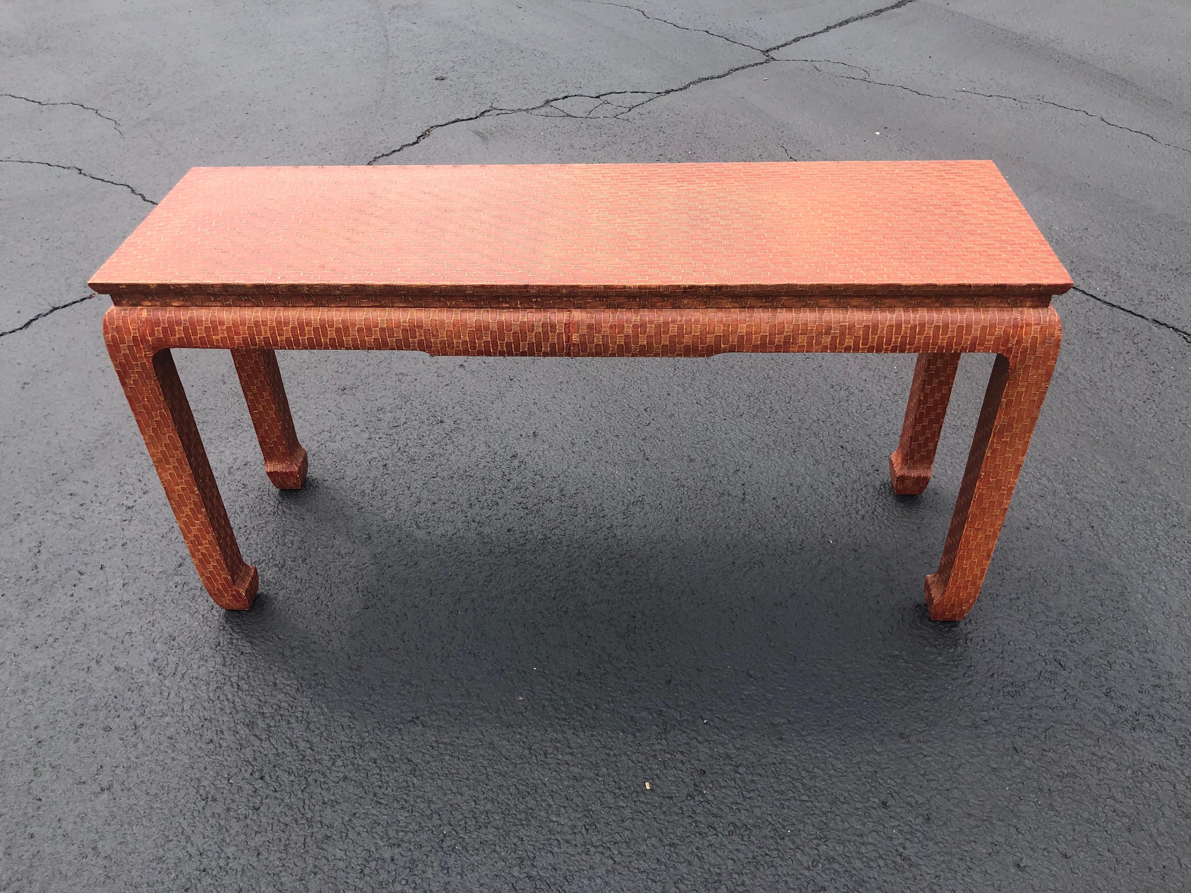 Leather Wrapped Console Ming Table By Baker In Good Condition In Redding, CT