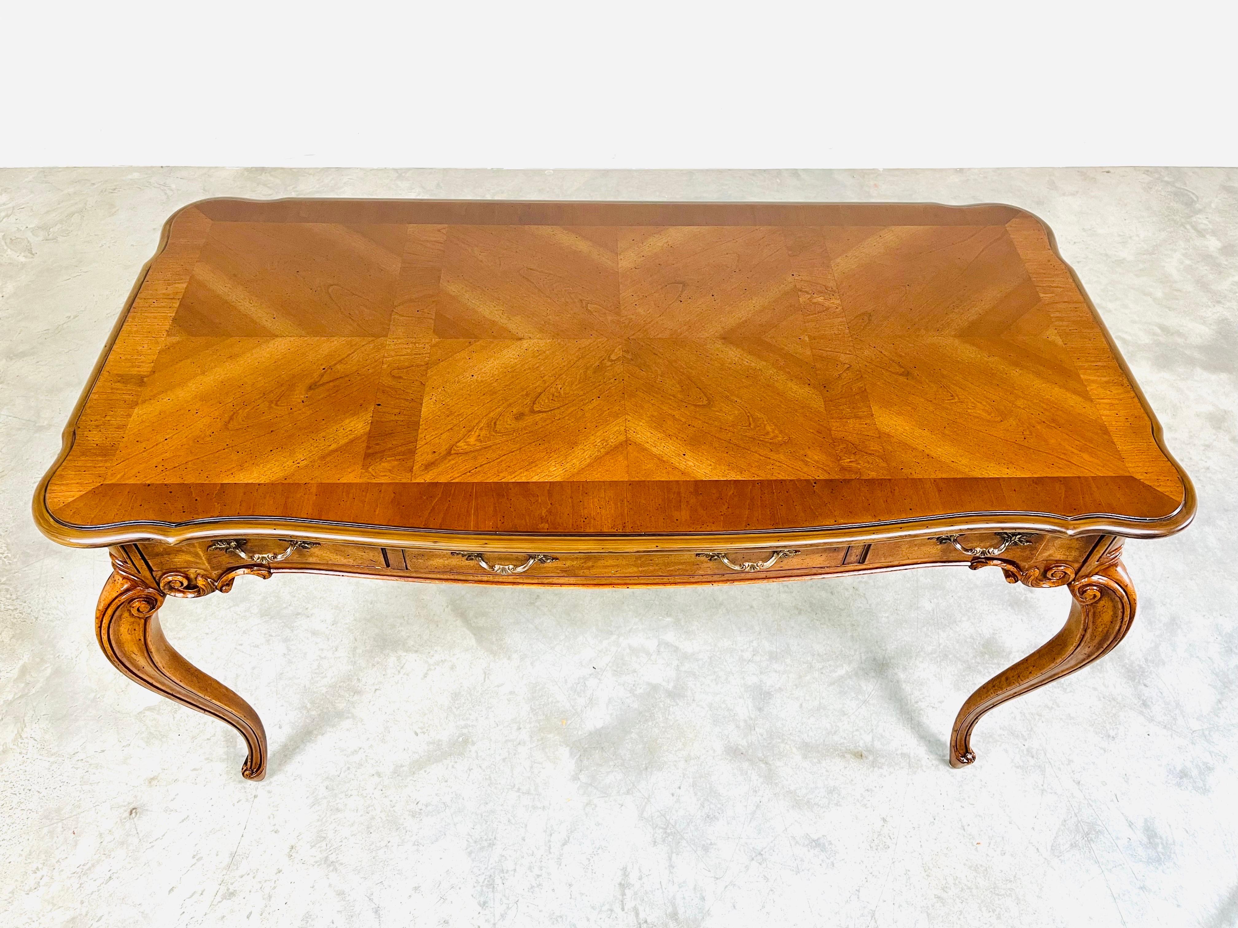 American Baker Louis XV Style 3-Drawer Parquetry Writing Desk or Table in Walnut