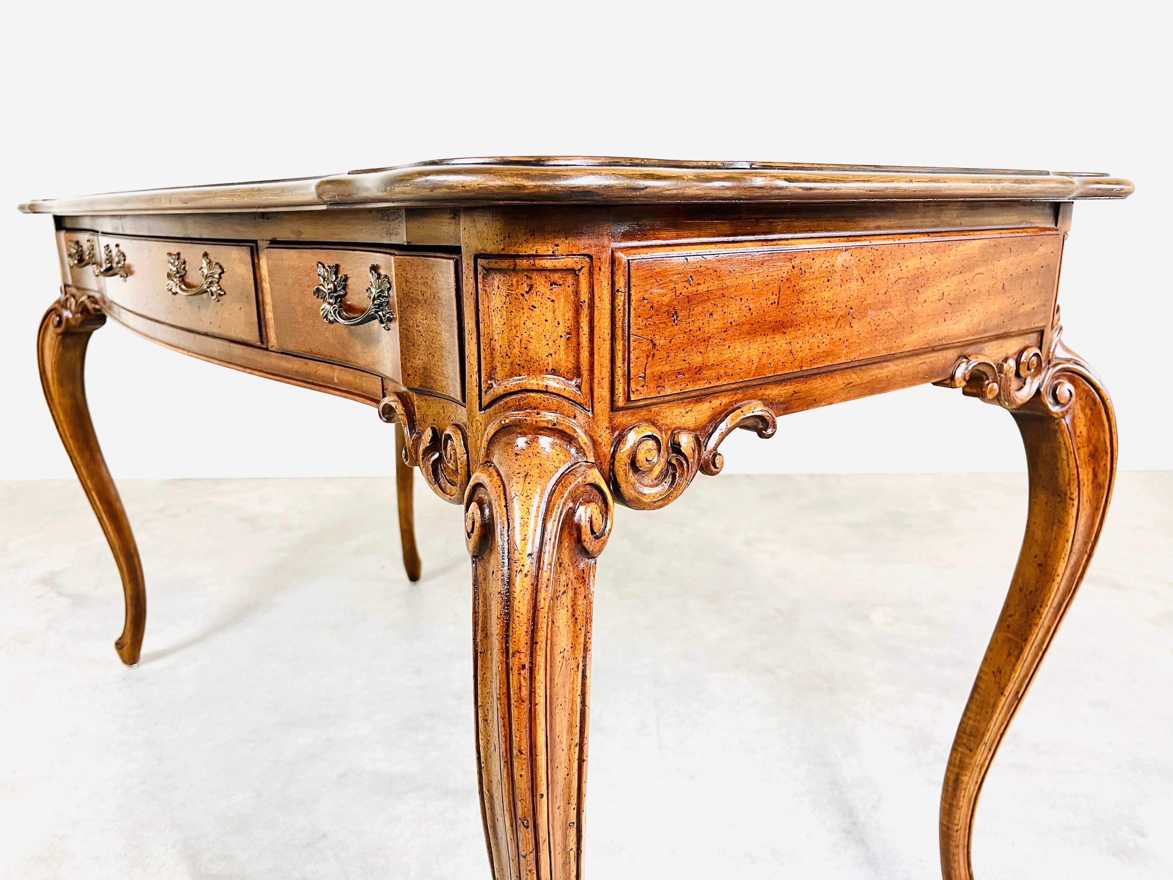 20th Century Baker Louis XV Style 3-Drawer Parquetry Writing Desk or Table in Walnut