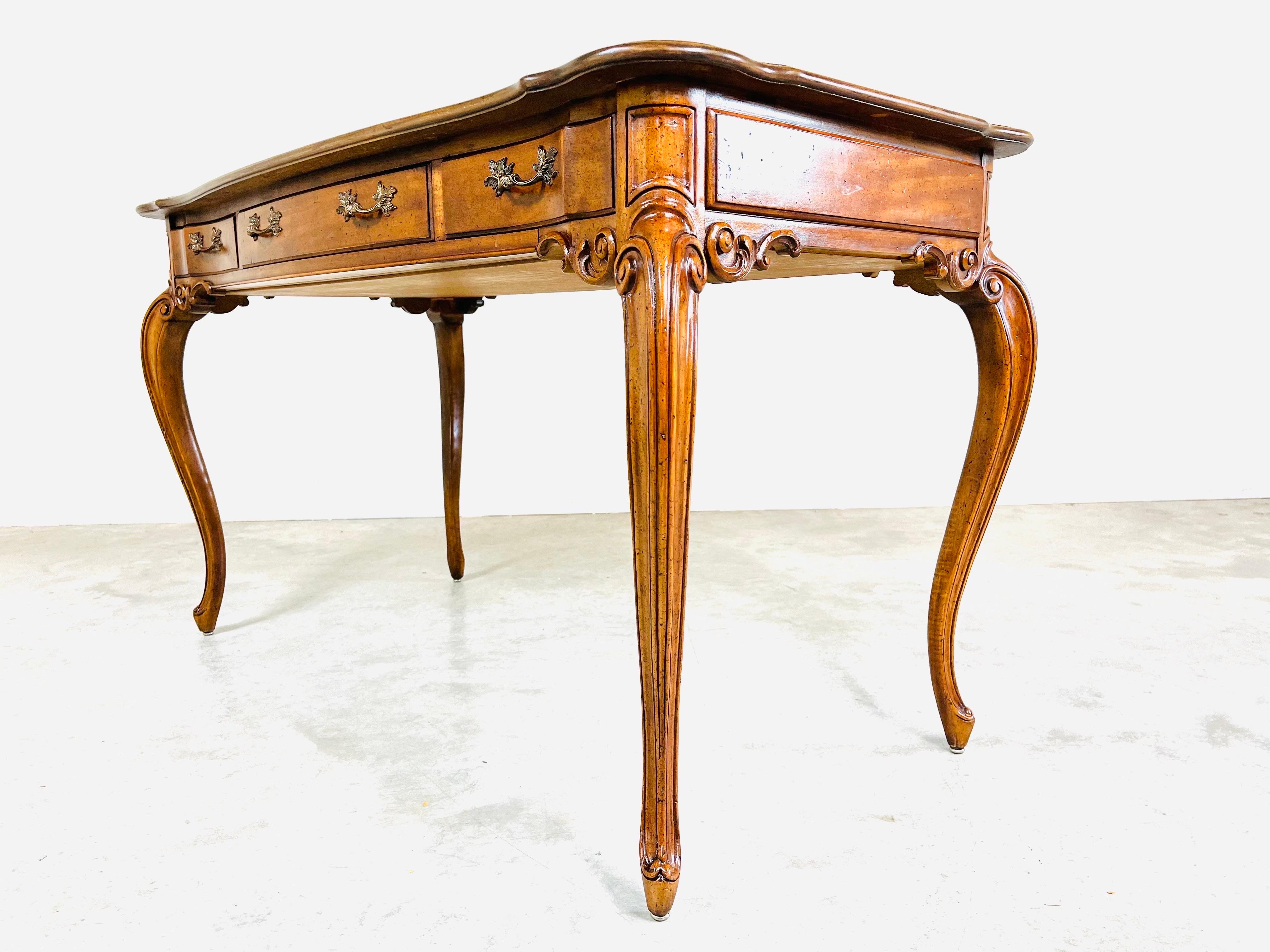 Brass Baker Louis XV Style 3-Drawer Parquetry Writing Desk or Table in Walnut