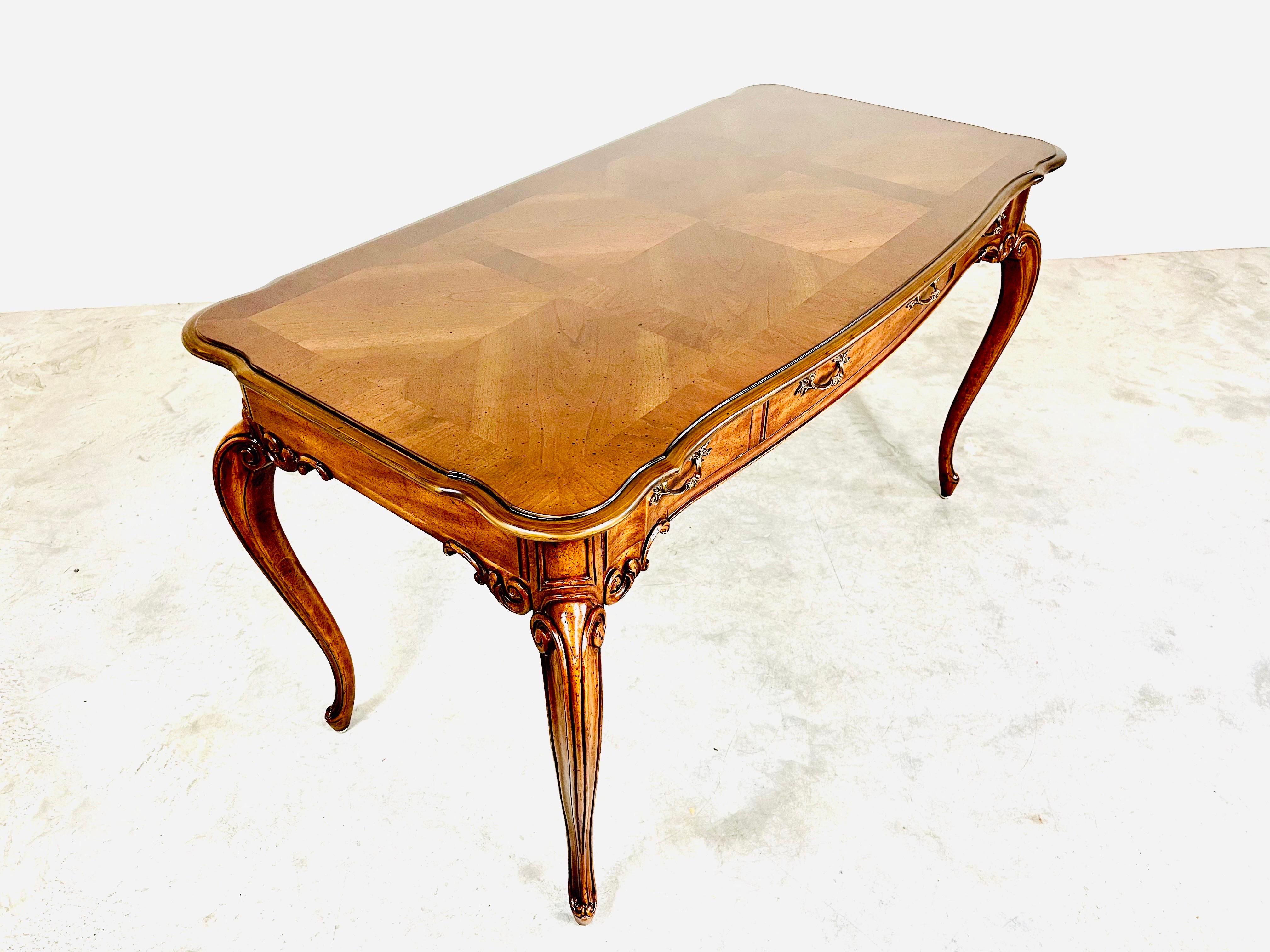 Baker Louis XV Style 3-Drawer Parquetry Writing Desk or Table in Walnut 1