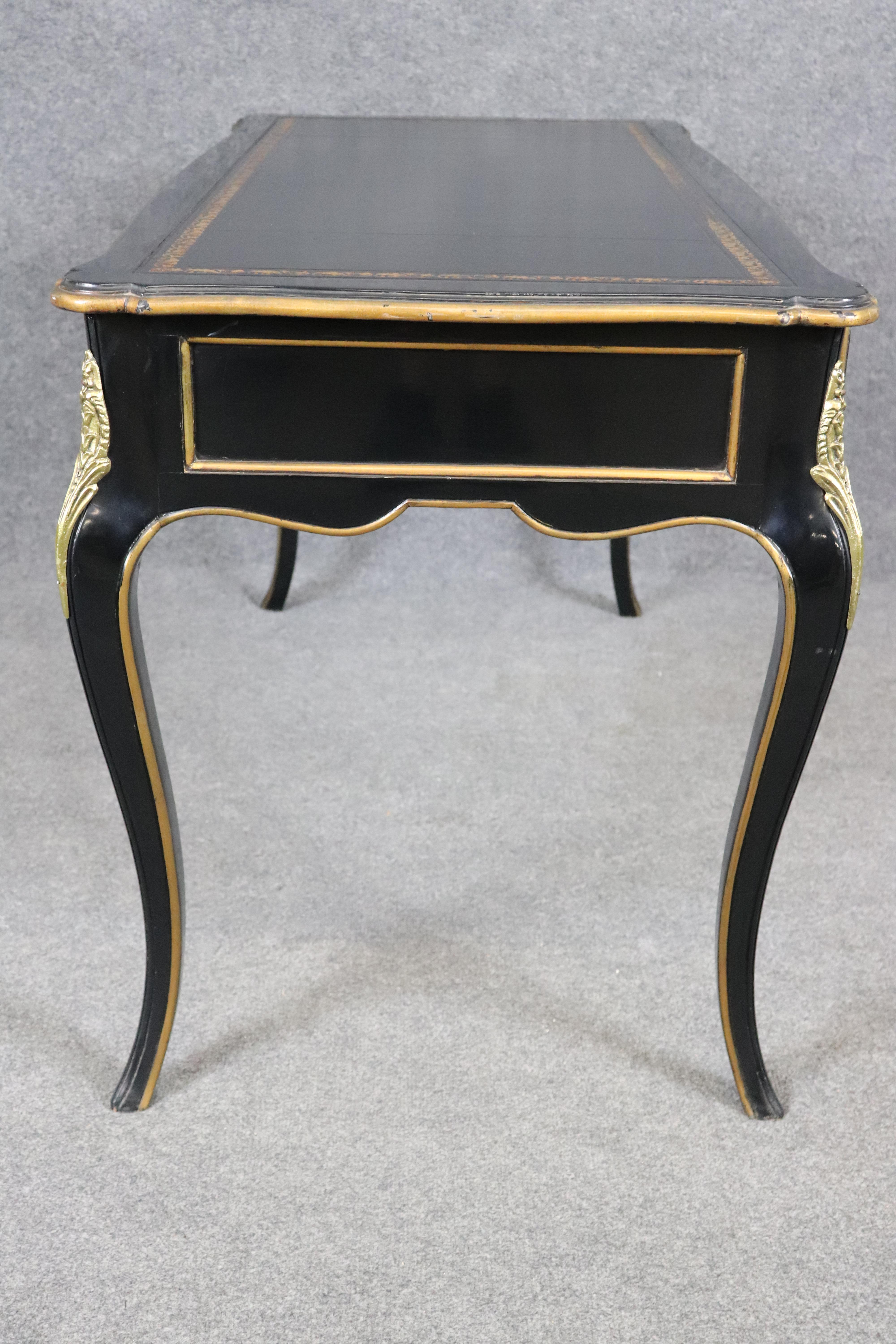 Cast Baker Louis XV Style Black Ebonized Brass Mounted Leather Top Desk For Sale
