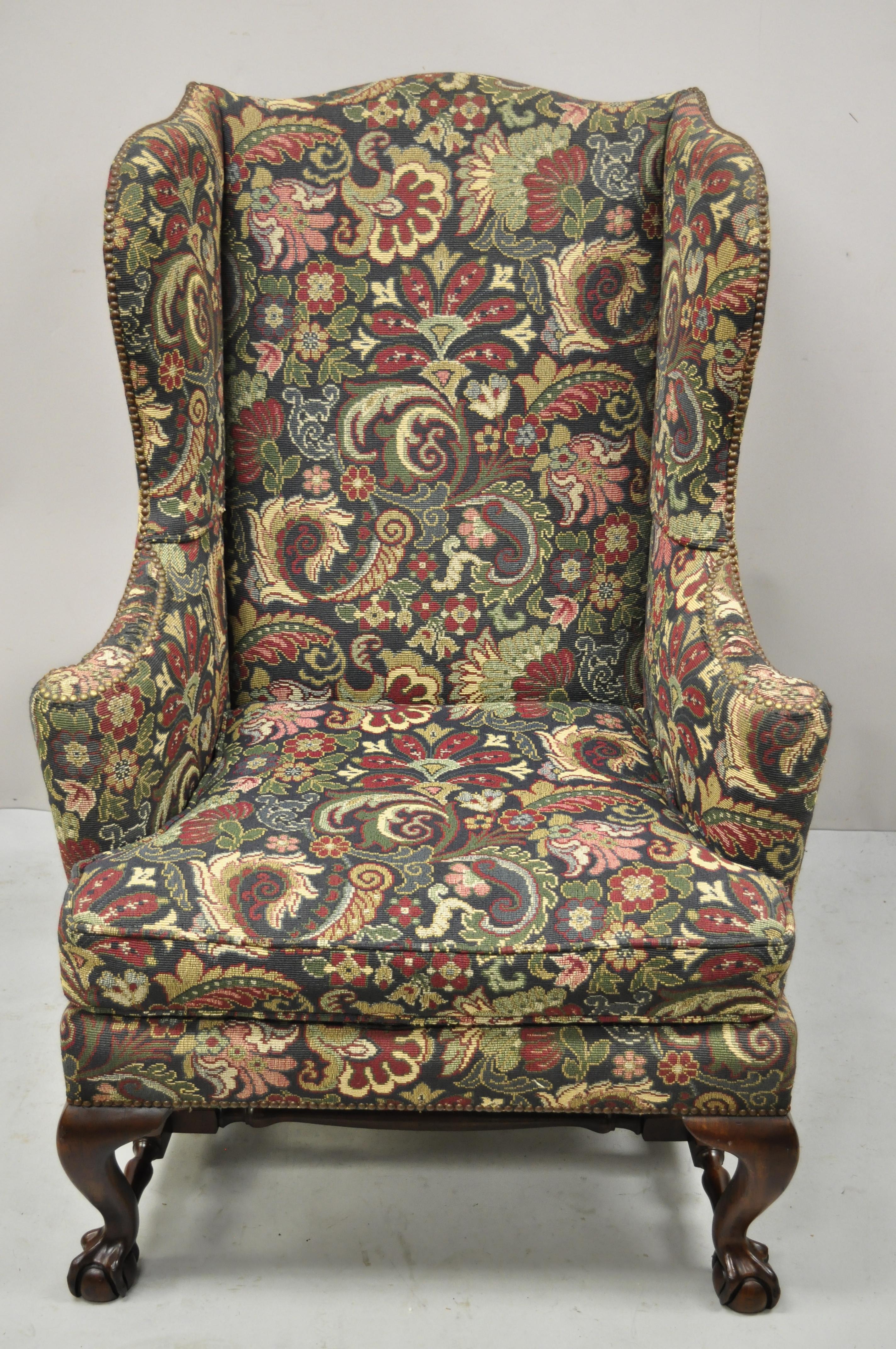 Baker Mahogany Ball and Claw Wingback Lounge Arm Chair Blue Floral Upholstery 2