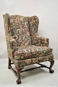 Baker Mahogany Ball and Claw Wingback Lounge Arm Chair Blue Floral Upholstery