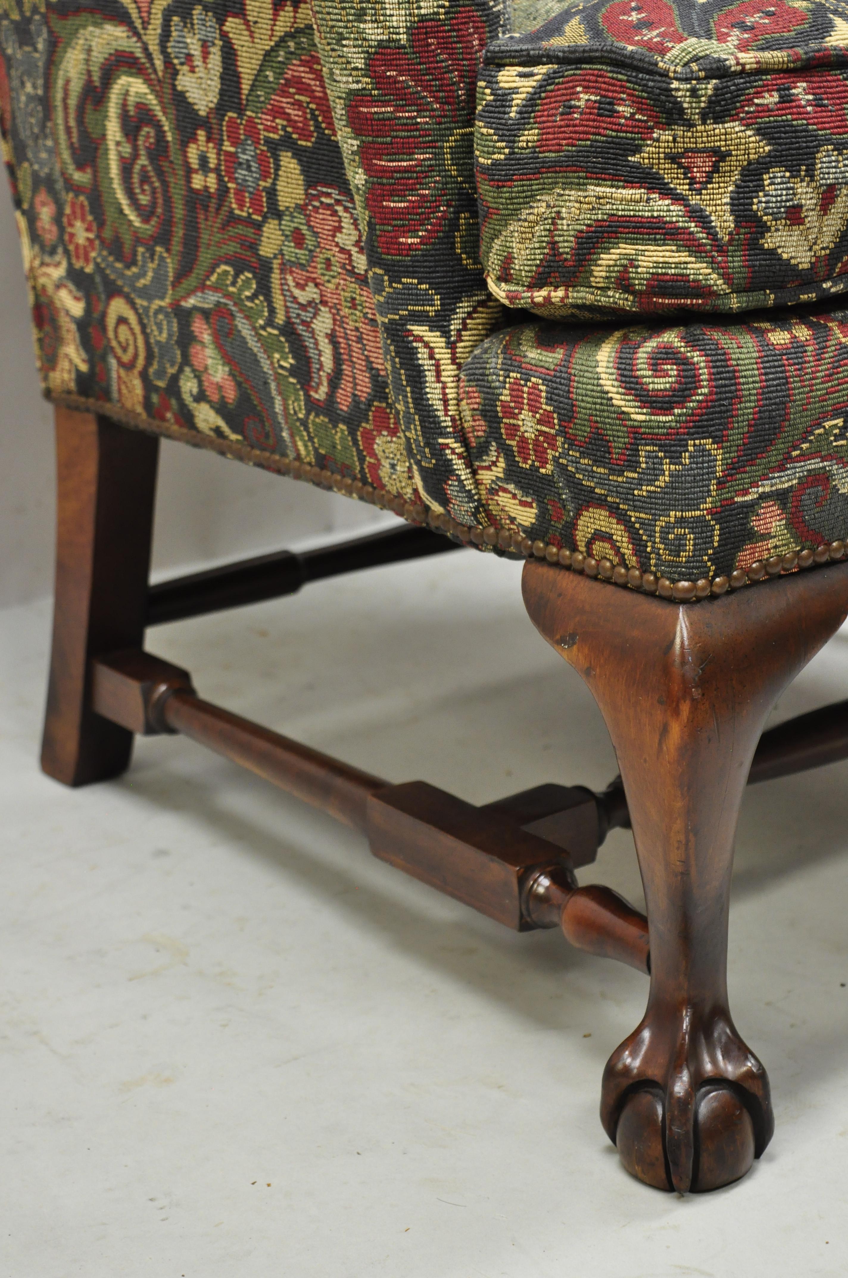 20th Century Baker Mahogany Ball and Claw Wingback Lounge Arm Chair Blue Floral Upholstery