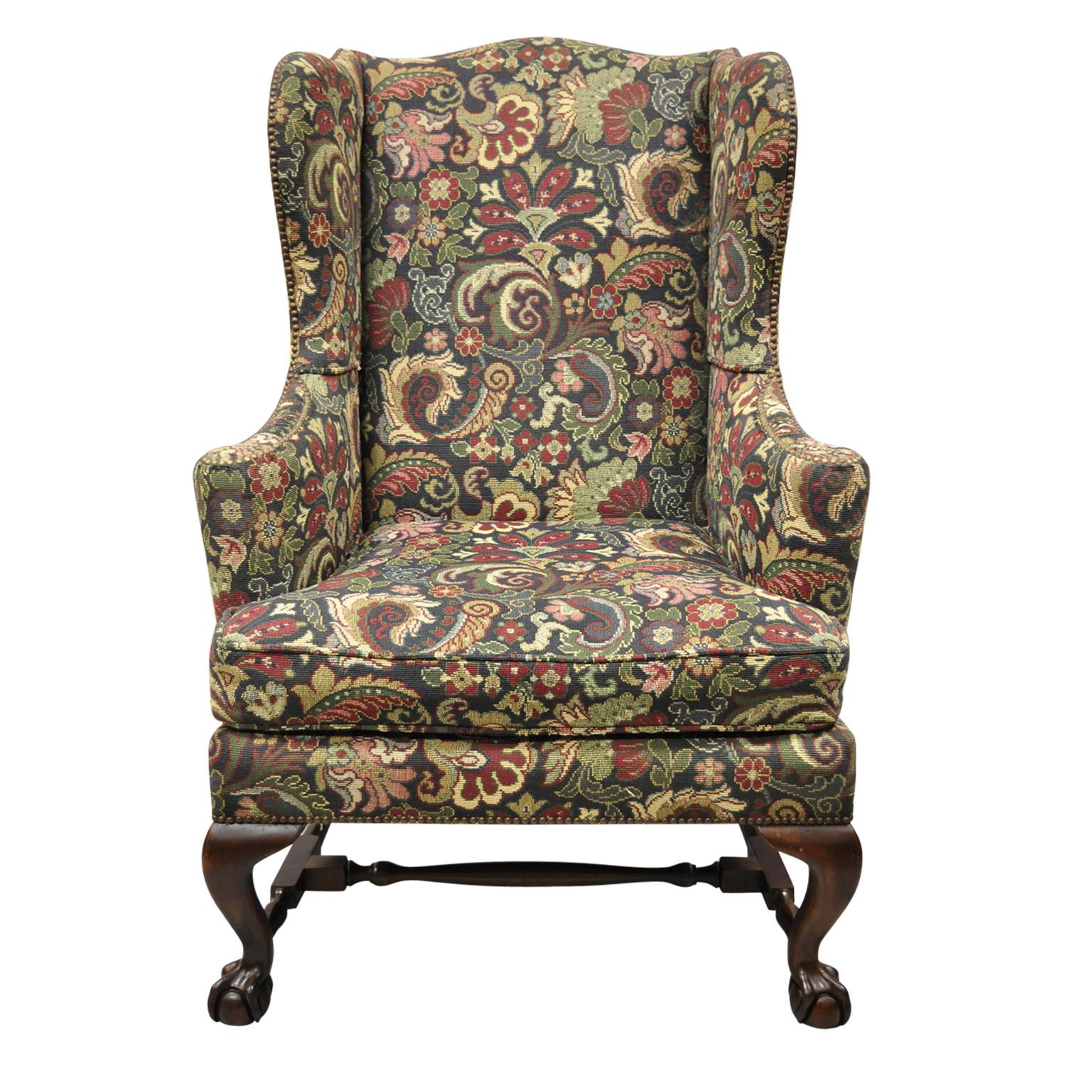 Baker Mahogany Ball and Claw Wingback Lounge Arm Chair Blue Floral Upholstery