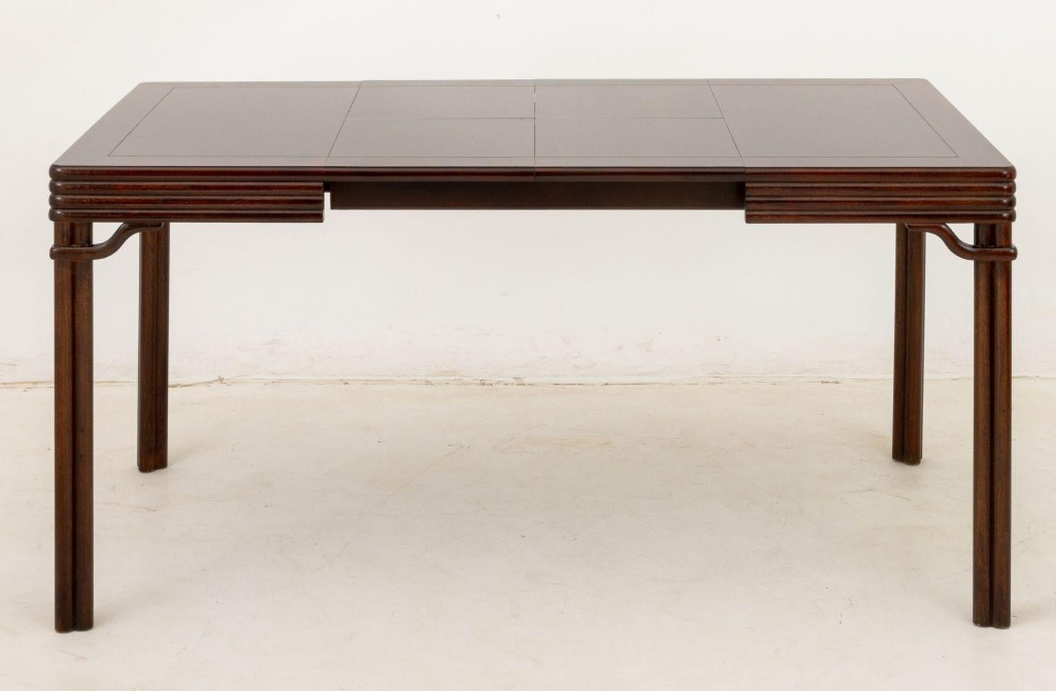 Baker Mahogany Extending Dining Table, rectangular top with two butterfly leaves, molded edge on four double columnar legs, with 