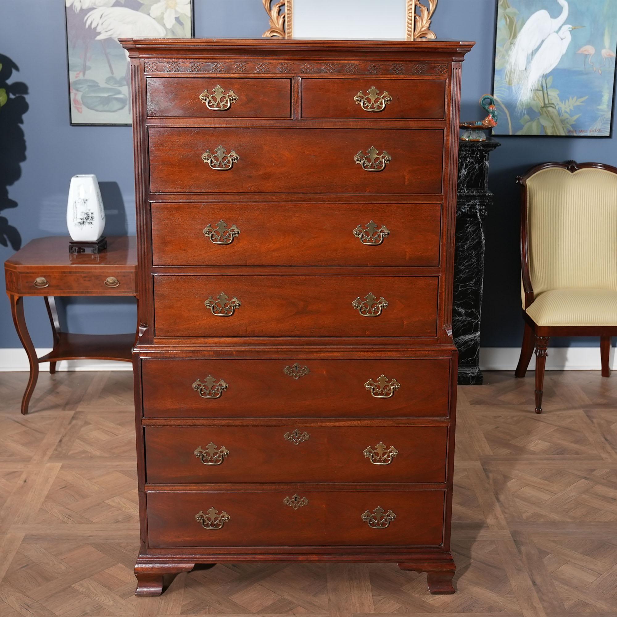 A vintage Baker Mahogany High Chest which will be the focal point of any room in which it is placed. Originally designed for the bedroom the practical storage space provided by this chest would be welcome anywhere in the home. Eight generous sized,
