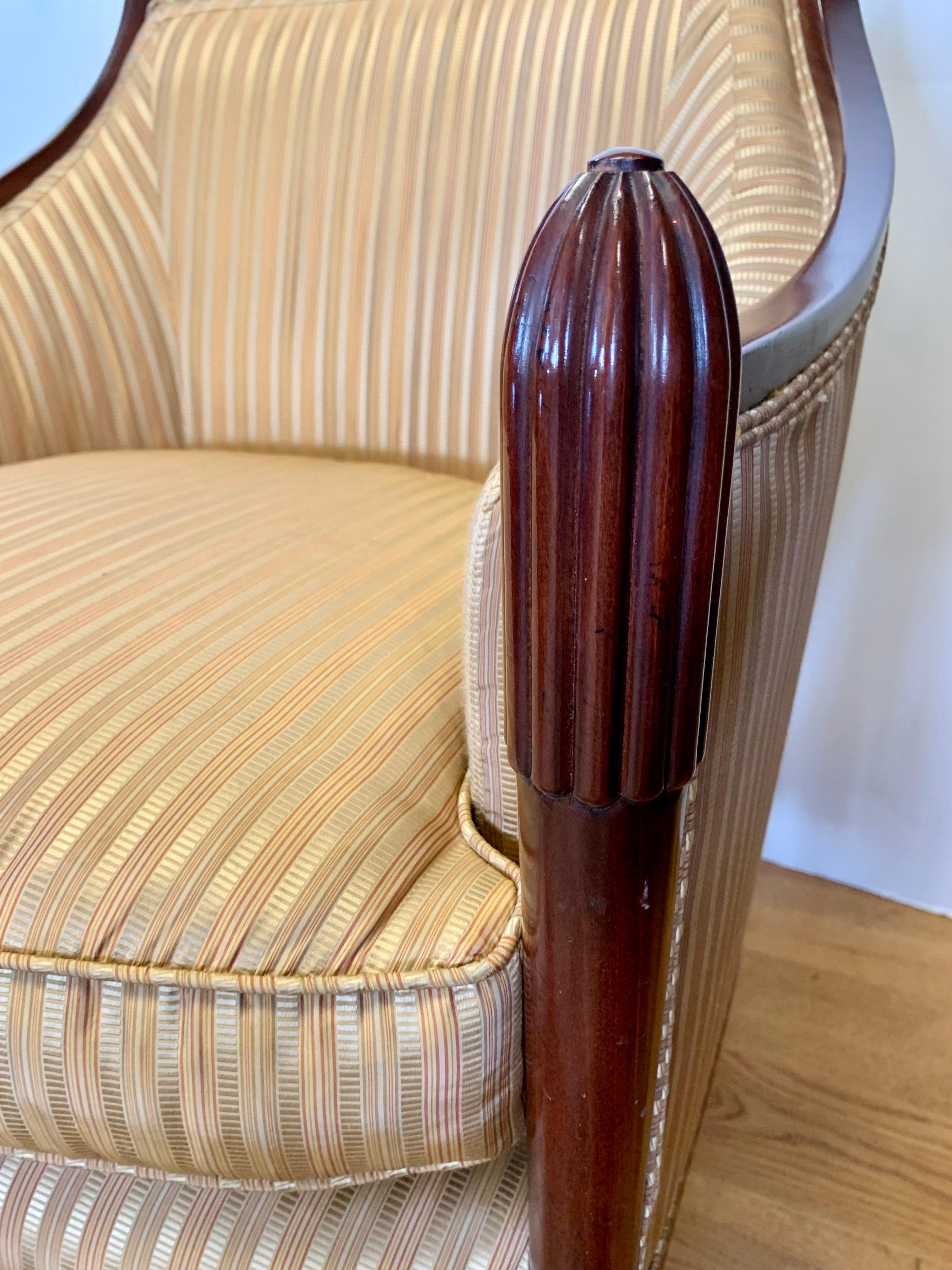Baker Mahogany Silk Upholstered Barrel Back Armchair In Good Condition In West Hartford, CT