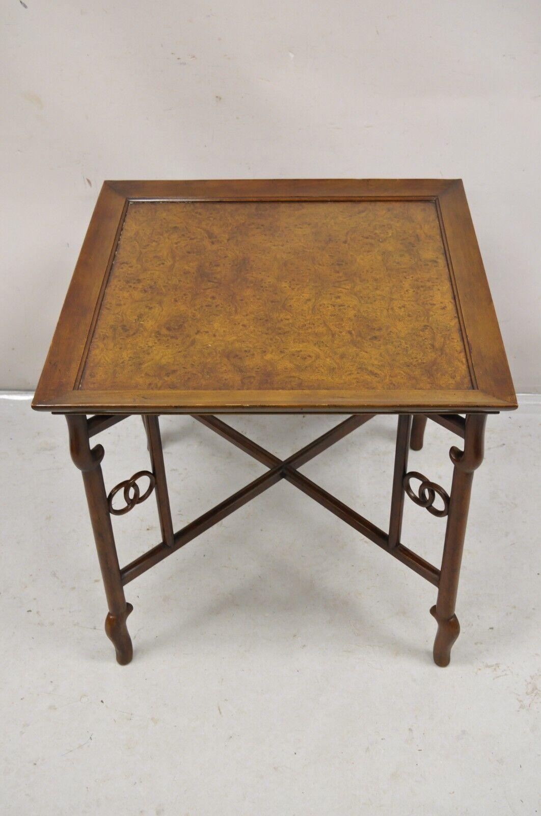 Baker Michael Taylor Far East Collection Asian Burl Wood Square Occasional Side Table. Circa Mid 20th Century. Measurements: 24