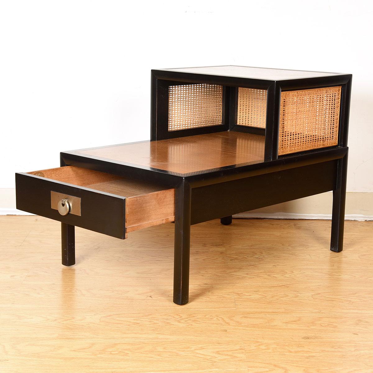Mid-Century Modern Baker Midcentury Decorator Black Lacquer + Cane Step Side Table For Sale