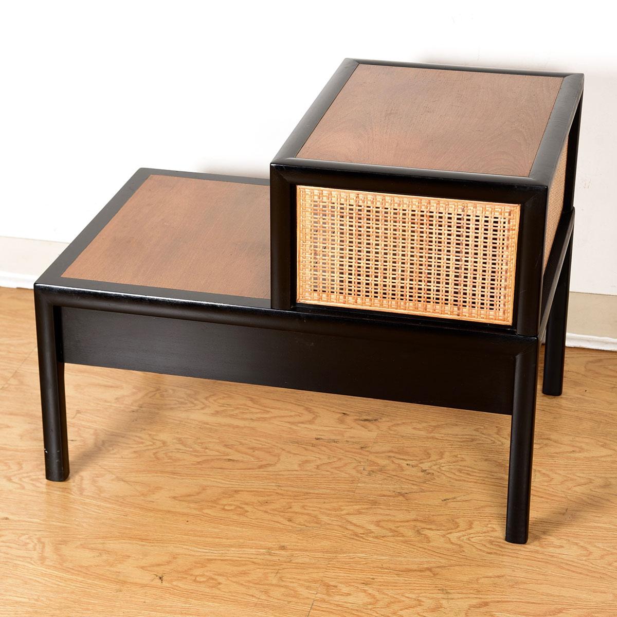 Baker Midcentury Decorator Black Lacquer + Cane Step Side Table In Excellent Condition For Sale In Kensington, MD