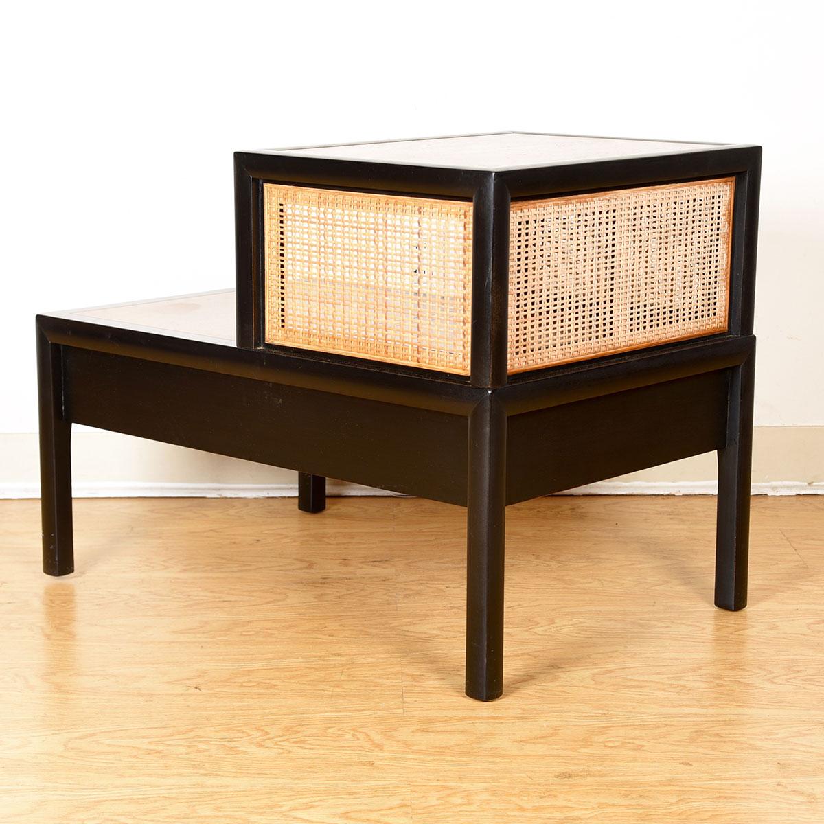 20th Century Baker Midcentury Decorator Black Lacquer + Cane Step Side Table For Sale