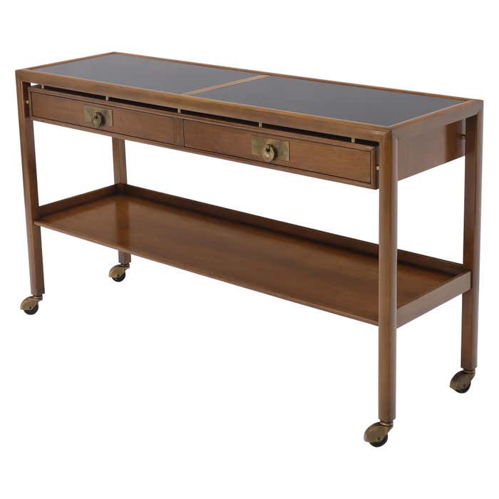 Baker Mid-Century Modern 2-Drawer 2-Tier Console Table on Wheels at 1stDibs