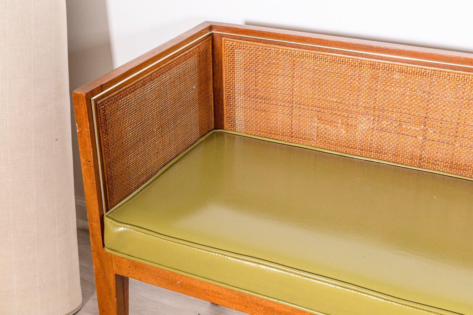 Baker Mid Century Modern Wood and Cane Green Naugahyde Bench In Good Condition In Keego Harbor, MI