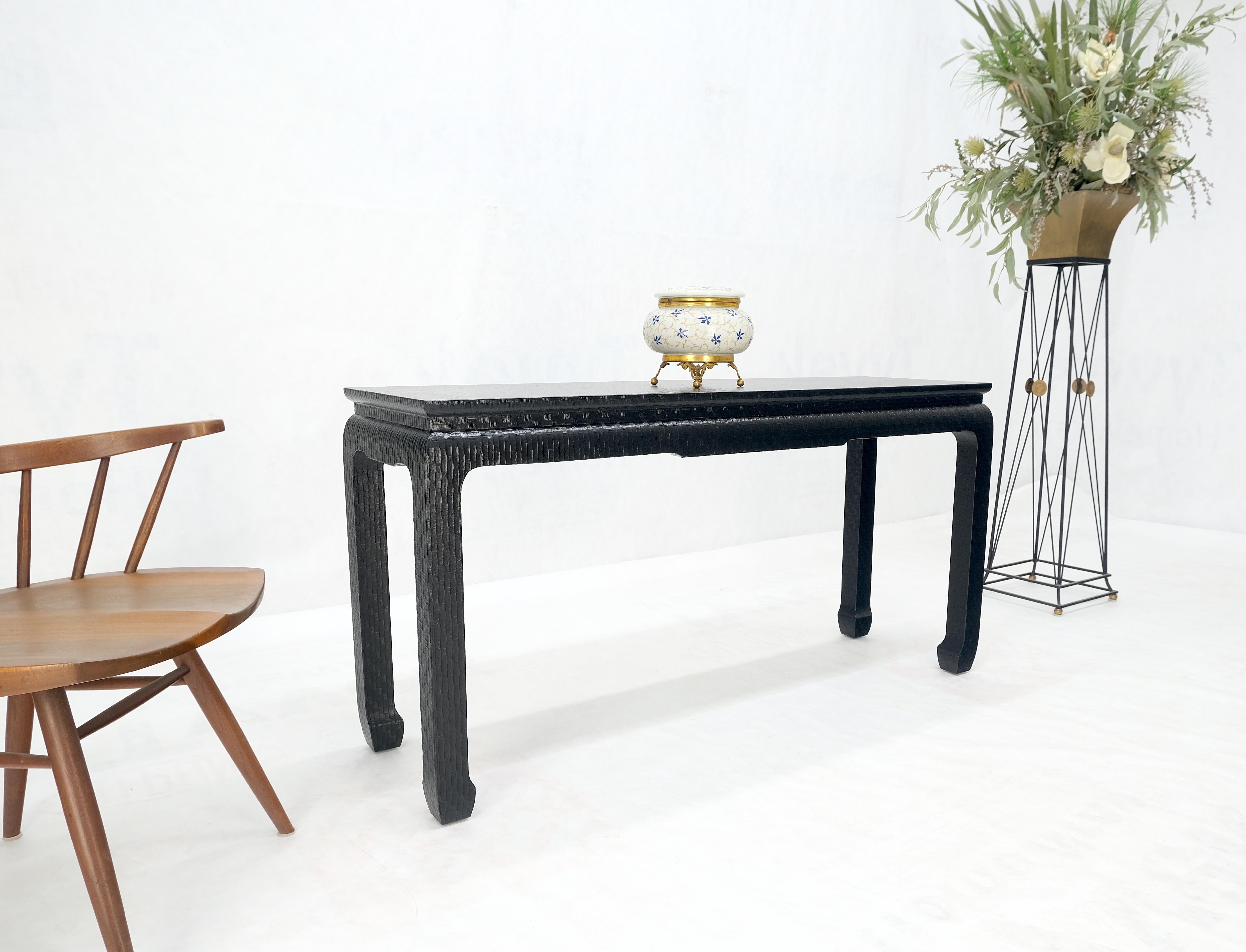Baker Mid Century Oriental Asian Black Lacquer Cloth Wrapped Console Table MINT! For Sale 5