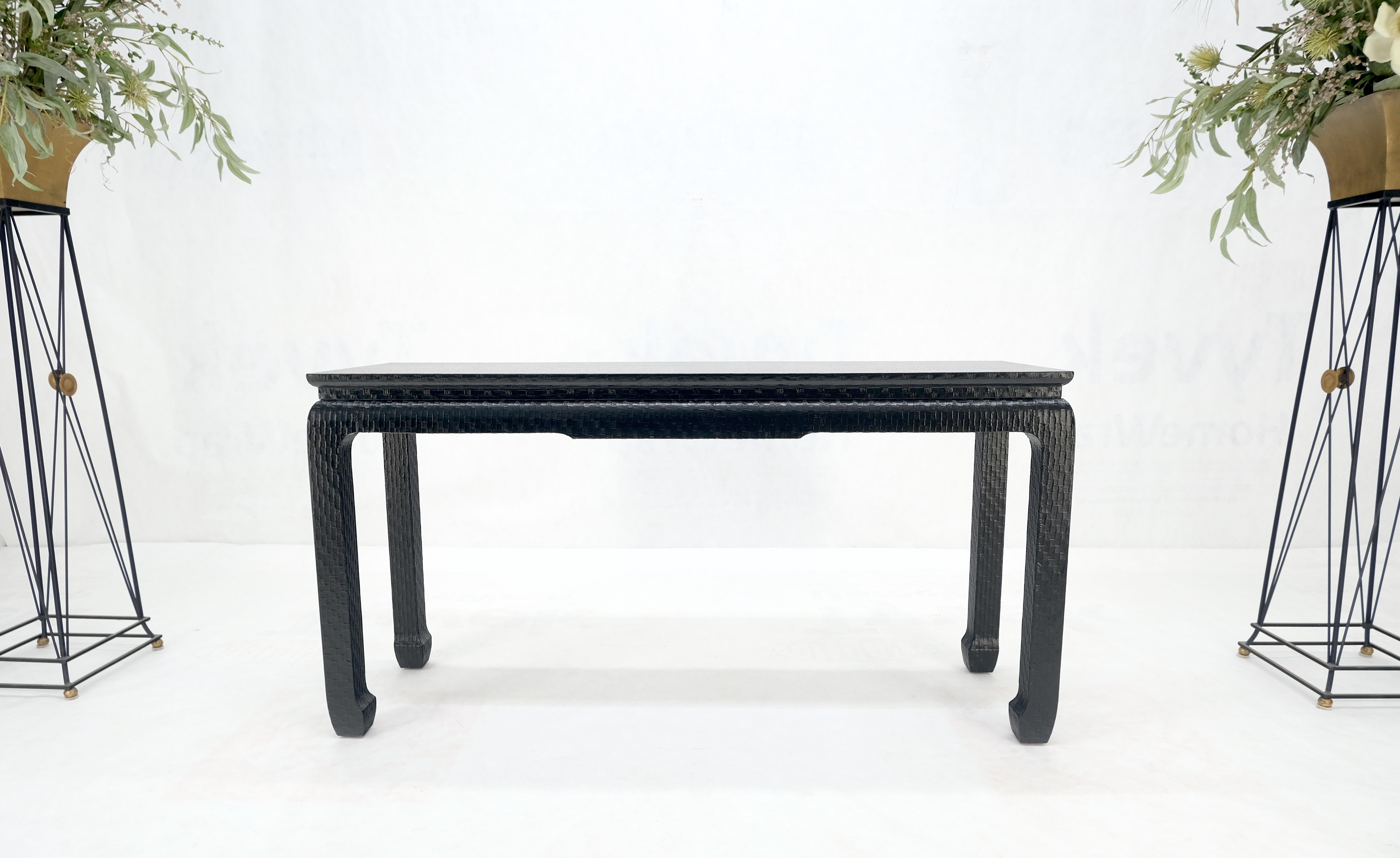 Lacquered Baker Mid Century Oriental Asian Black Lacquer Cloth Wrapped Console Table MINT! For Sale